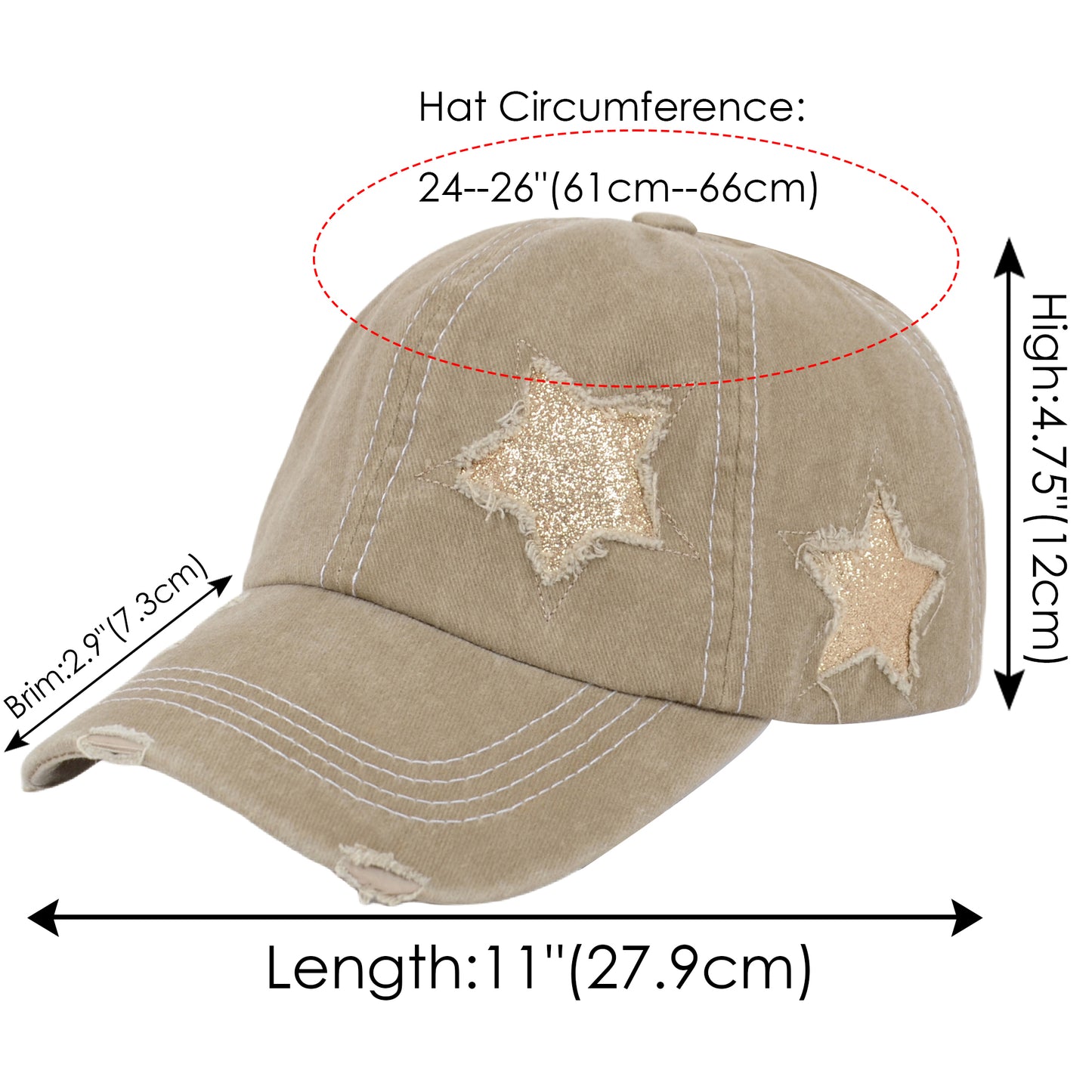 Anna-Kaci Women's Baseball Cap Glitter Star Distressed Ponytail Hat High Messy Bun Ponycap Trucker Dad Hat