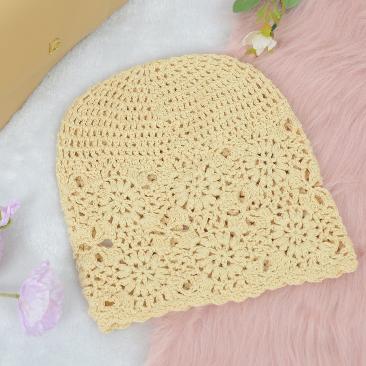 Anna-Kaci Crochet Floral Slouchy Beanie Hat Lightweight Handmade Knit Cutout Skull Cap for Women