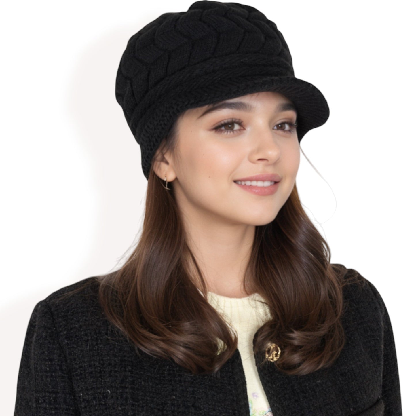 Anna-Kaci Women's Knitted Newsboy Cap with Braided Cable Pattern and Stylish Brim Design