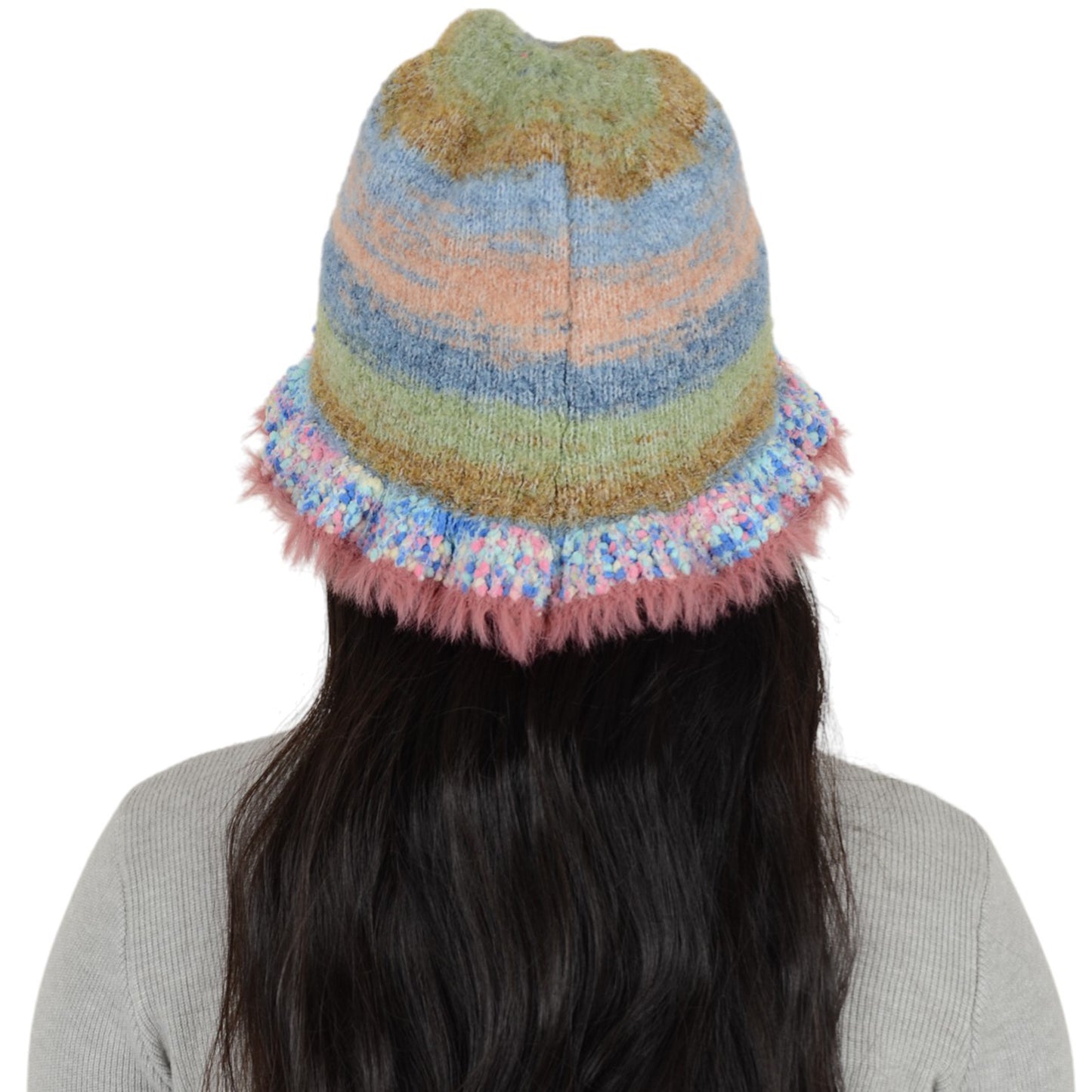 Anna-Kaci Colorful Striped Knit Bucket Hat Fluffy Trendy Winter Lightweight Foldable Crochet Fisherman Hat for Women