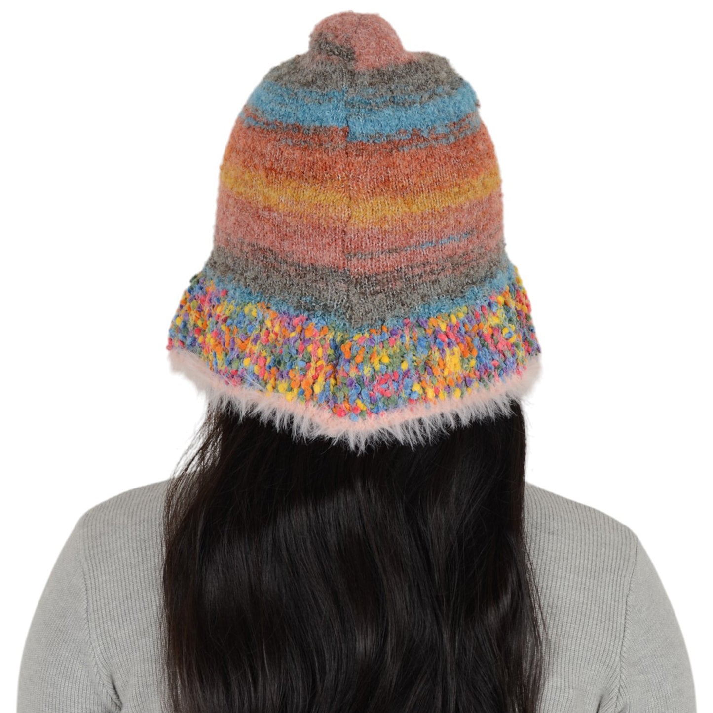 Anna-Kaci Colorful Striped Knit Bucket Hat Fluffy Trendy Winter Lightweight Foldable Crochet Fisherman Hat for Women