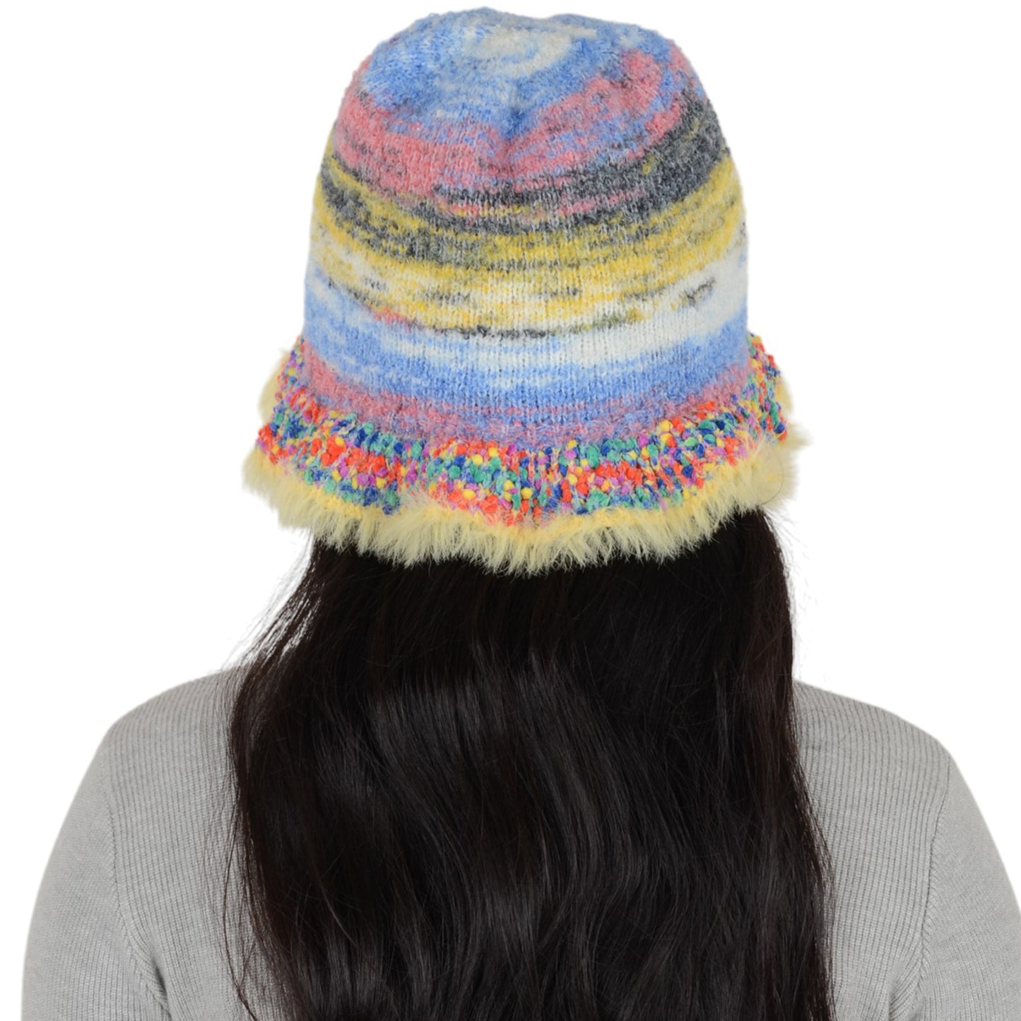 Anna-Kaci Colorful Striped Knit Bucket Hat Fluffy Trendy Winter Lightweight Foldable Crochet Fisherman Hat for Women