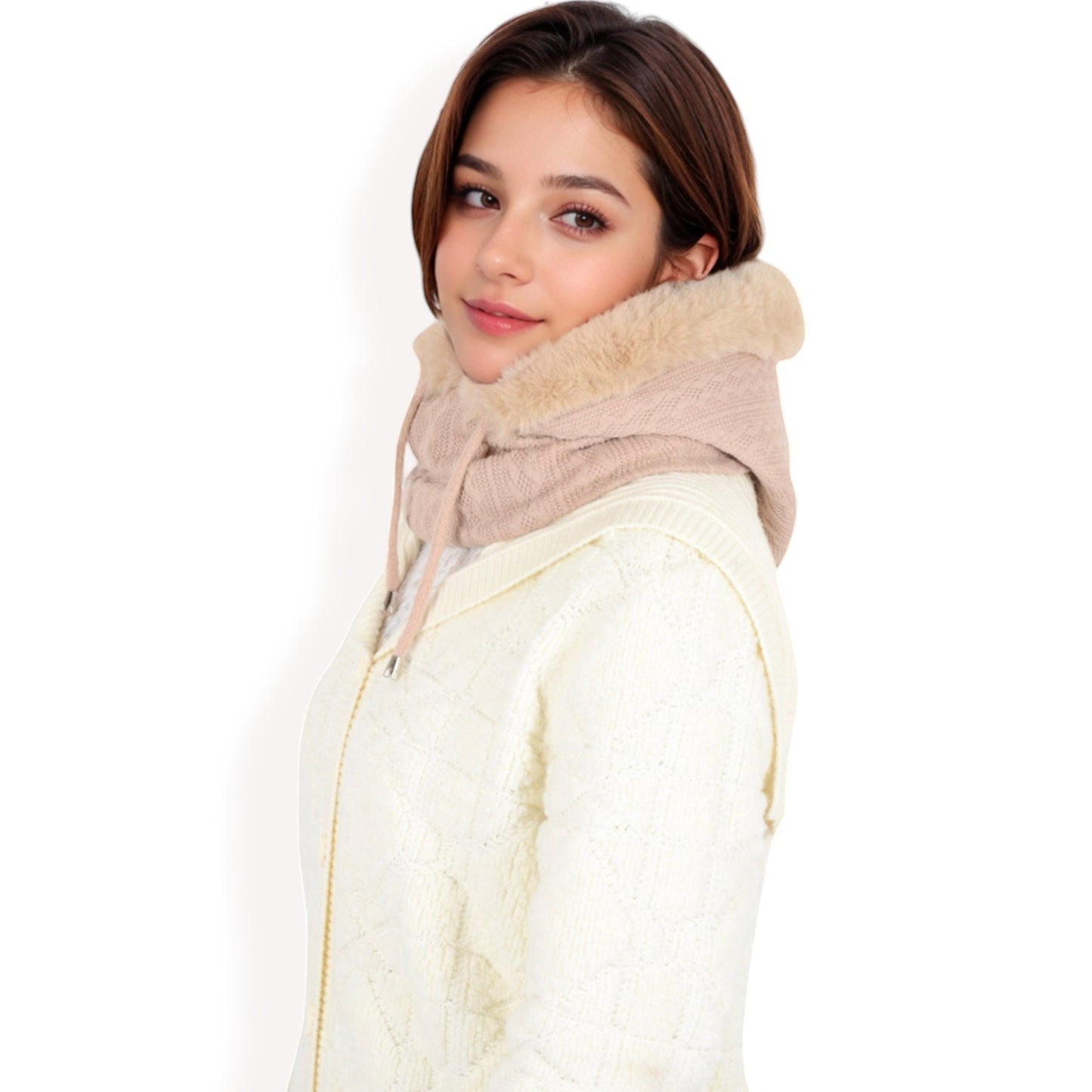 Anna-Kaci Women's Faux Fur Lined Knit Hooded Scarf with Adjustable Drawstring and Full Coverage for Winter Warmth