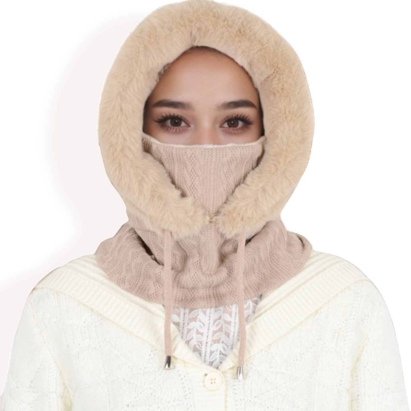 Anna-Kaci Women's Faux Fur Lined Knit Hooded Scarf with Adjustable Drawstring and Full Coverage for Winter Warmth
