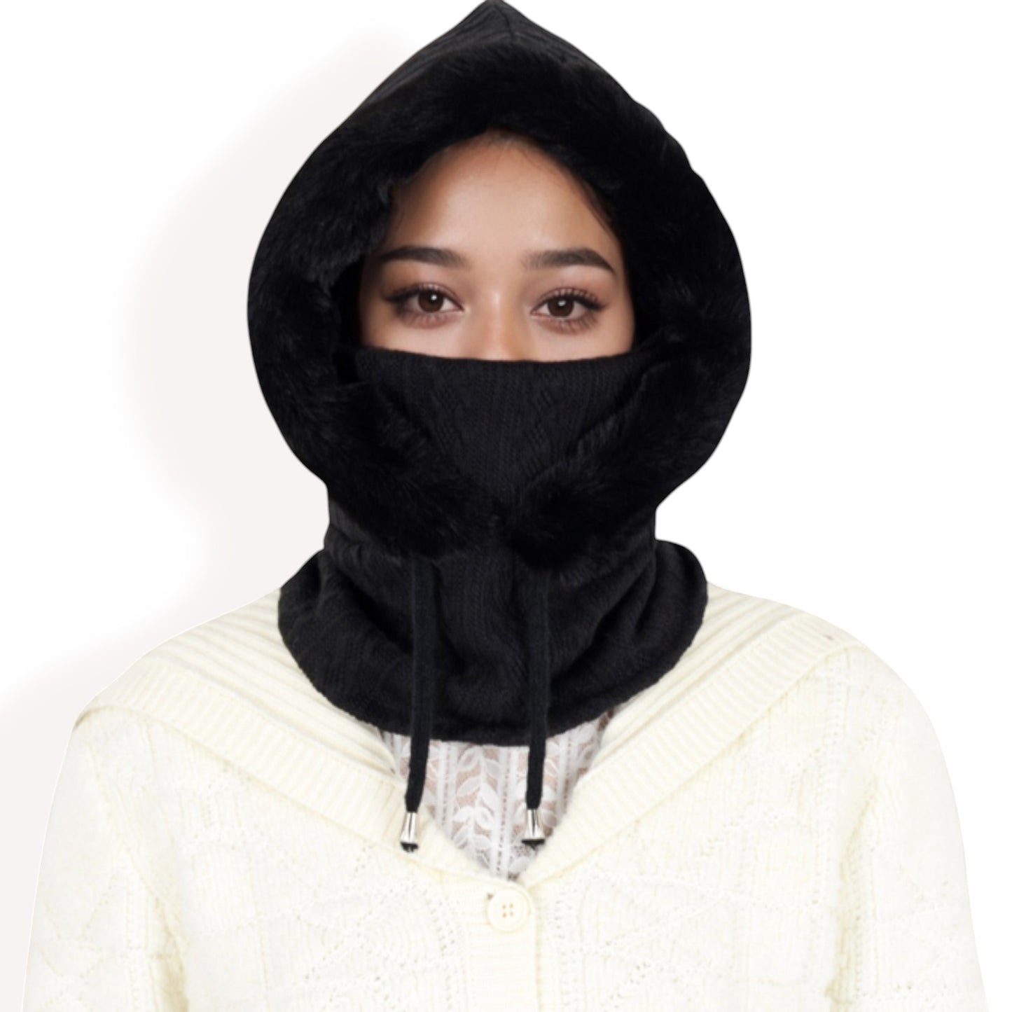 Anna-Kaci Women's Faux Fur Lined Knit Hooded Scarf with Adjustable Drawstring and Full Coverage for Winter Warmth