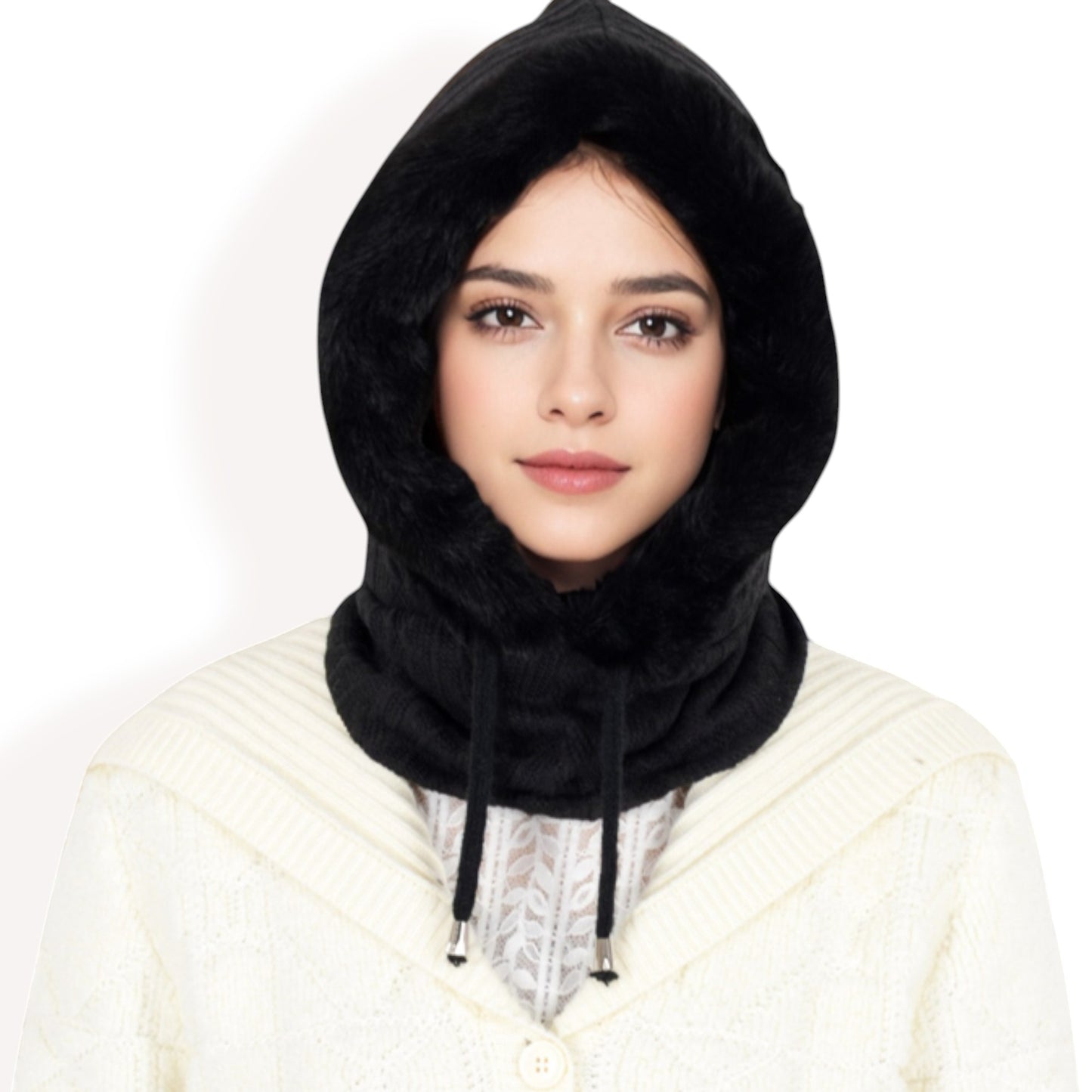Anna-Kaci Women's Faux Fur Lined Knit Hooded Scarf with Adjustable Drawstring and Full Coverage for Winter Warmth
