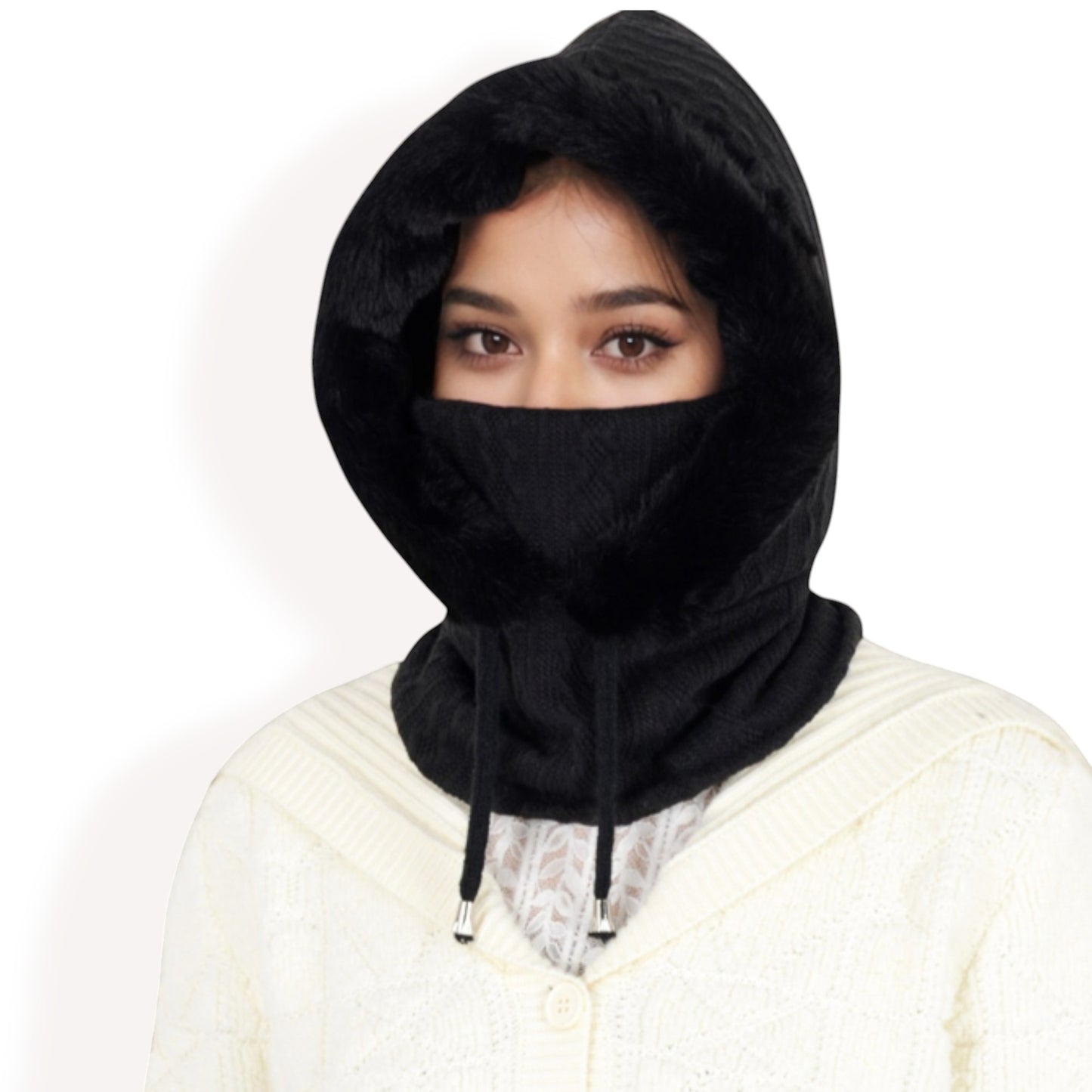 Anna-Kaci Women's Faux Fur Lined Knit Hooded Scarf with Adjustable Drawstring and Full Coverage for Winter Warmth