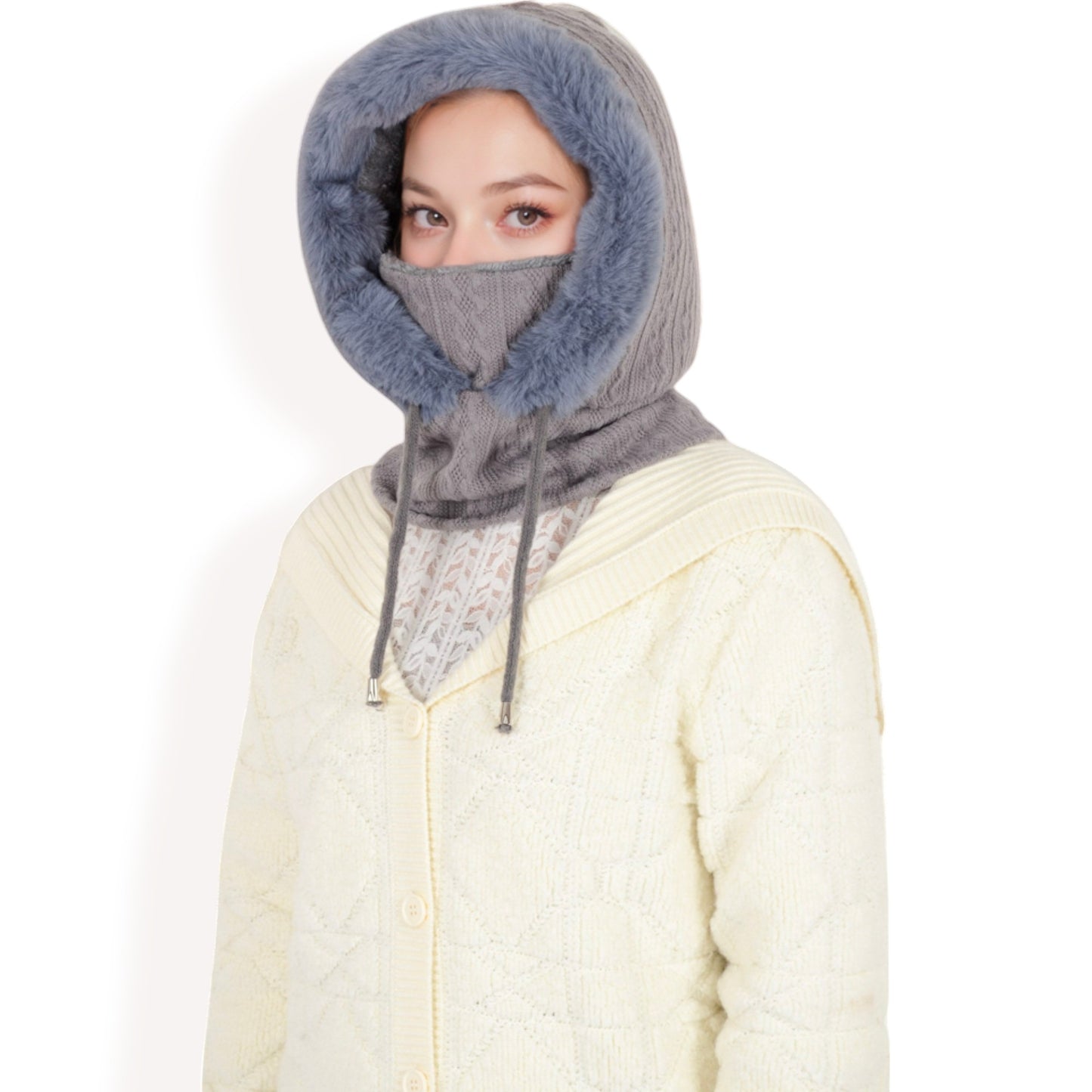 Anna-Kaci Women's Faux Fur Lined Knit Hooded Scarf with Adjustable Drawstring and Full Coverage for Winter Warmth