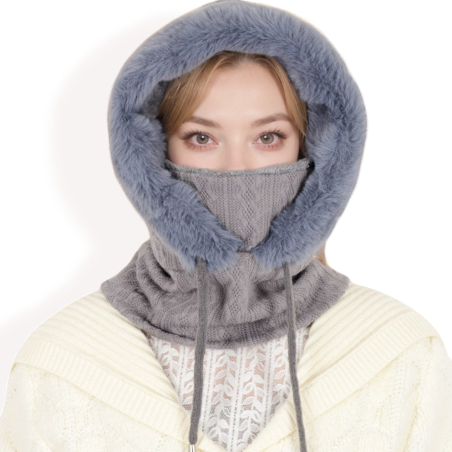 Anna-Kaci Women's Faux Fur Lined Knit Hooded Scarf with Adjustable Drawstring and Full Coverage for Winter Warmth