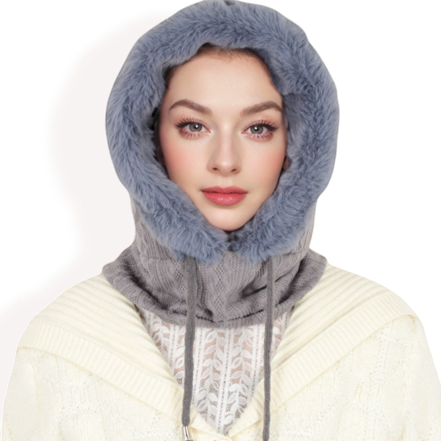 Anna-Kaci Women's Faux Fur Lined Knit Hooded Scarf with Adjustable Drawstring and Full Coverage for Winter Warmth