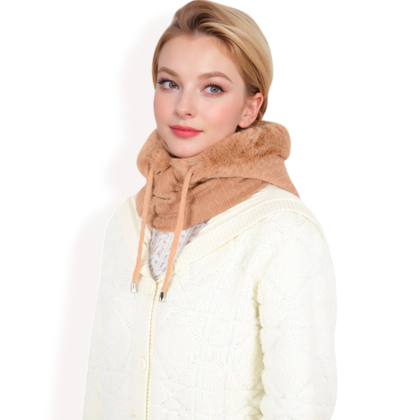 Anna-Kaci Women's Faux Fur Lined Knit Hooded Scarf with Adjustable Drawstring and Full Coverage for Winter Warmth