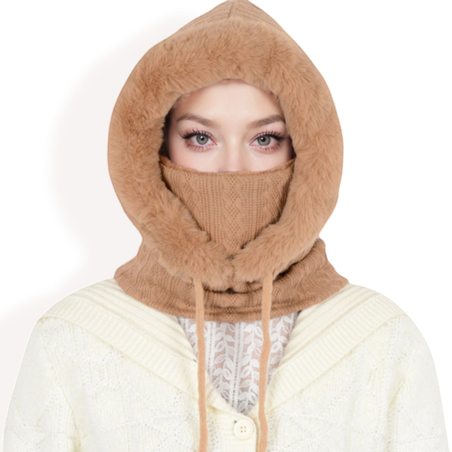 Anna-Kaci Women's Faux Fur Lined Knit Hooded Scarf with Adjustable Drawstring and Full Coverage for Winter Warmth