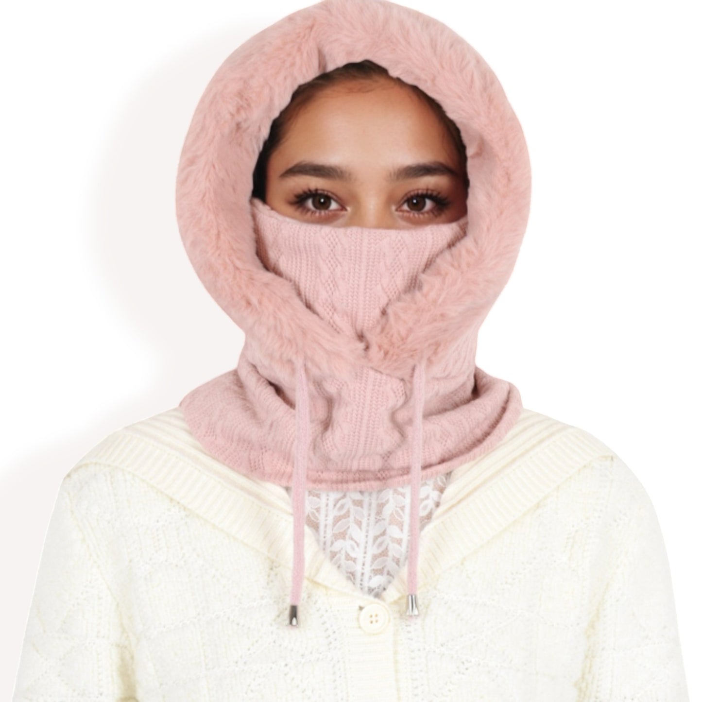 Anna-Kaci Women's Faux Fur Lined Knit Hooded Scarf with Adjustable Drawstring and Full Coverage for Winter Warmth