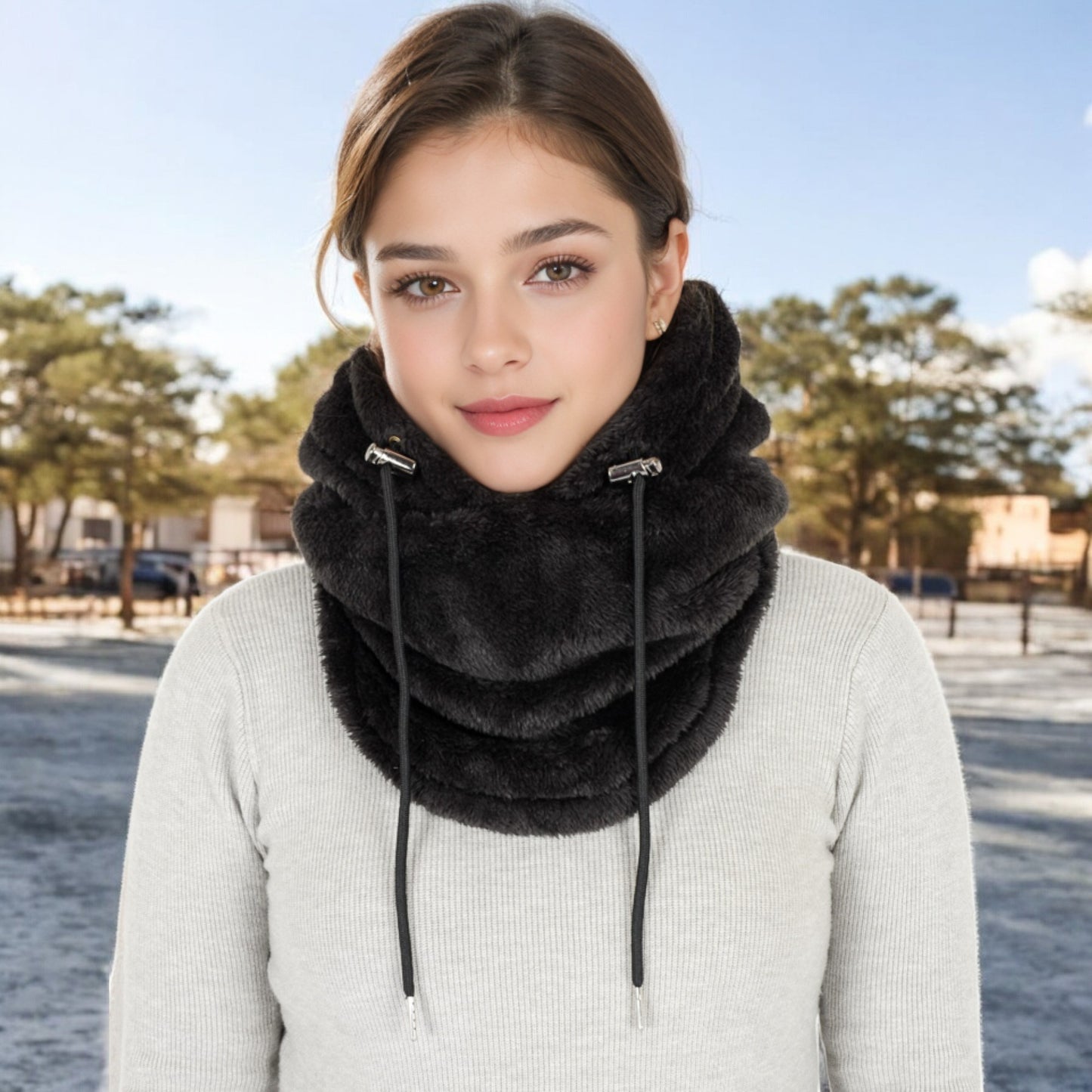 Anna-Kaci Women's Faux Shearling Hooded Scarf with Adjustable Drawstrings and Extended Neck Coverage