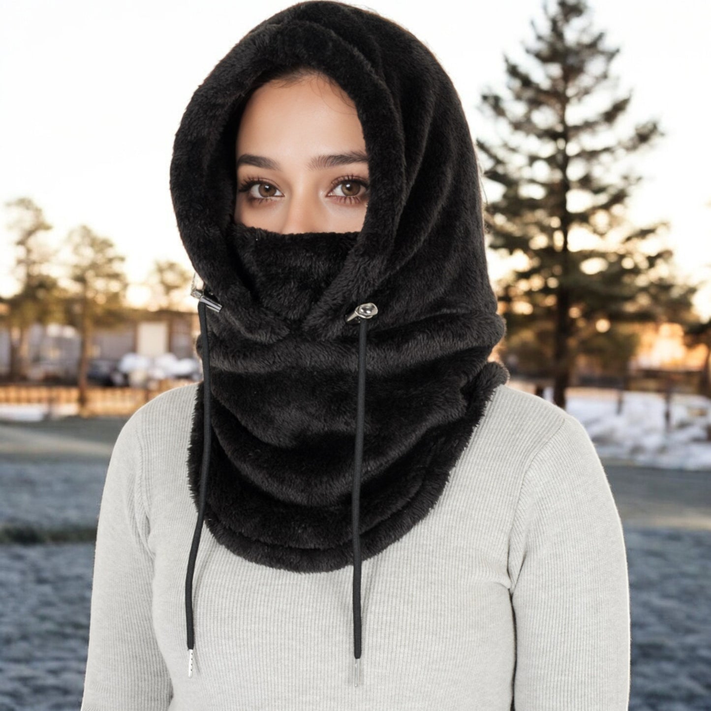Anna-Kaci Women's Faux Shearling Hooded Scarf with Adjustable Drawstrings and Extended Neck Coverage