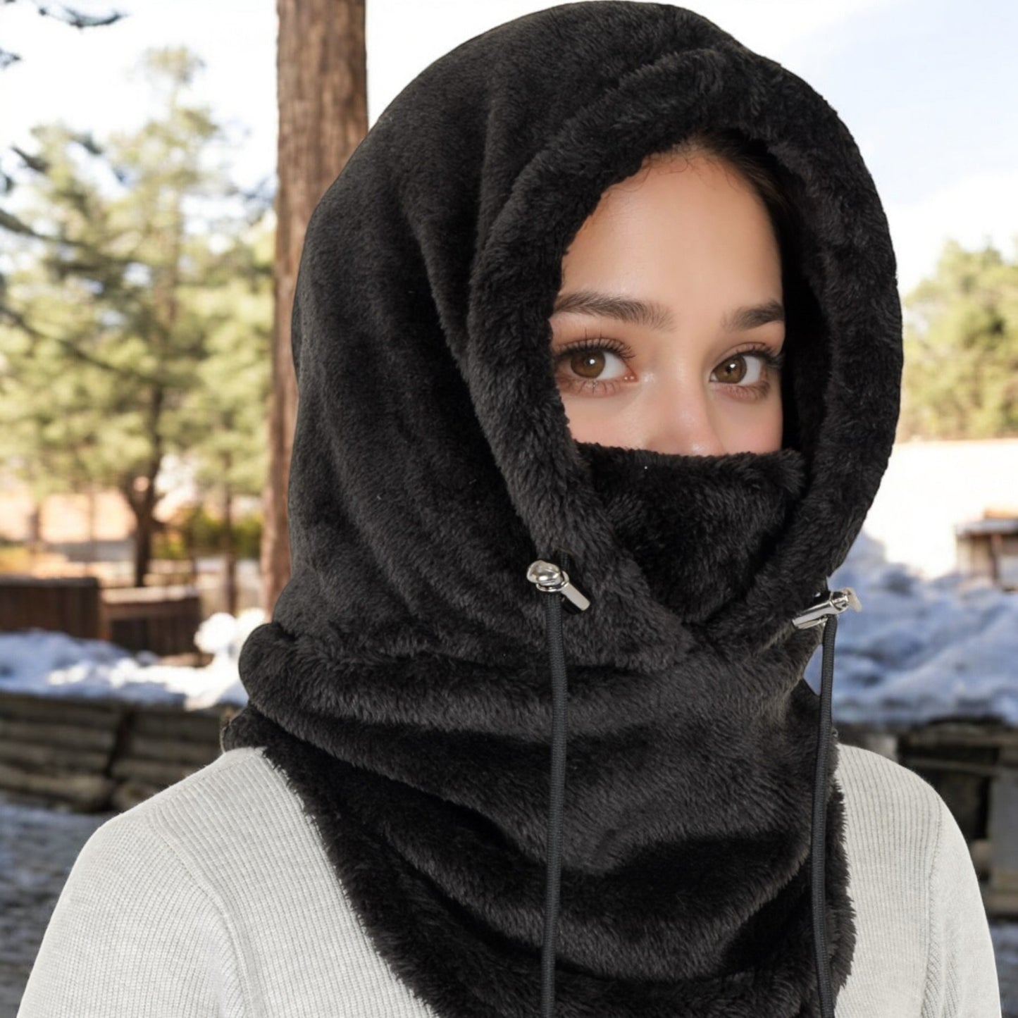 Anna-Kaci Women's Faux Shearling Hooded Scarf with Adjustable Drawstrings and Extended Neck Coverage