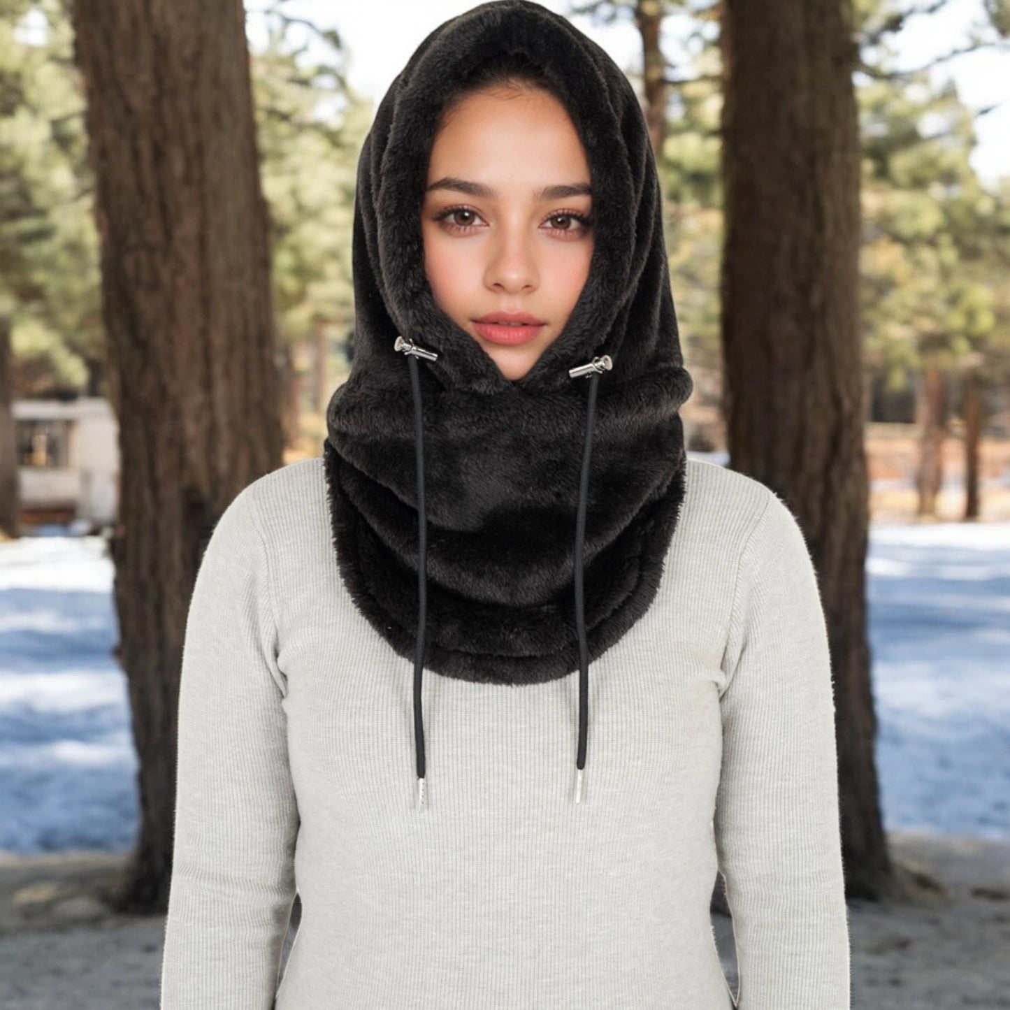 Anna-Kaci Women's Faux Shearling Hooded Scarf with Adjustable Drawstrings and Extended Neck Coverage