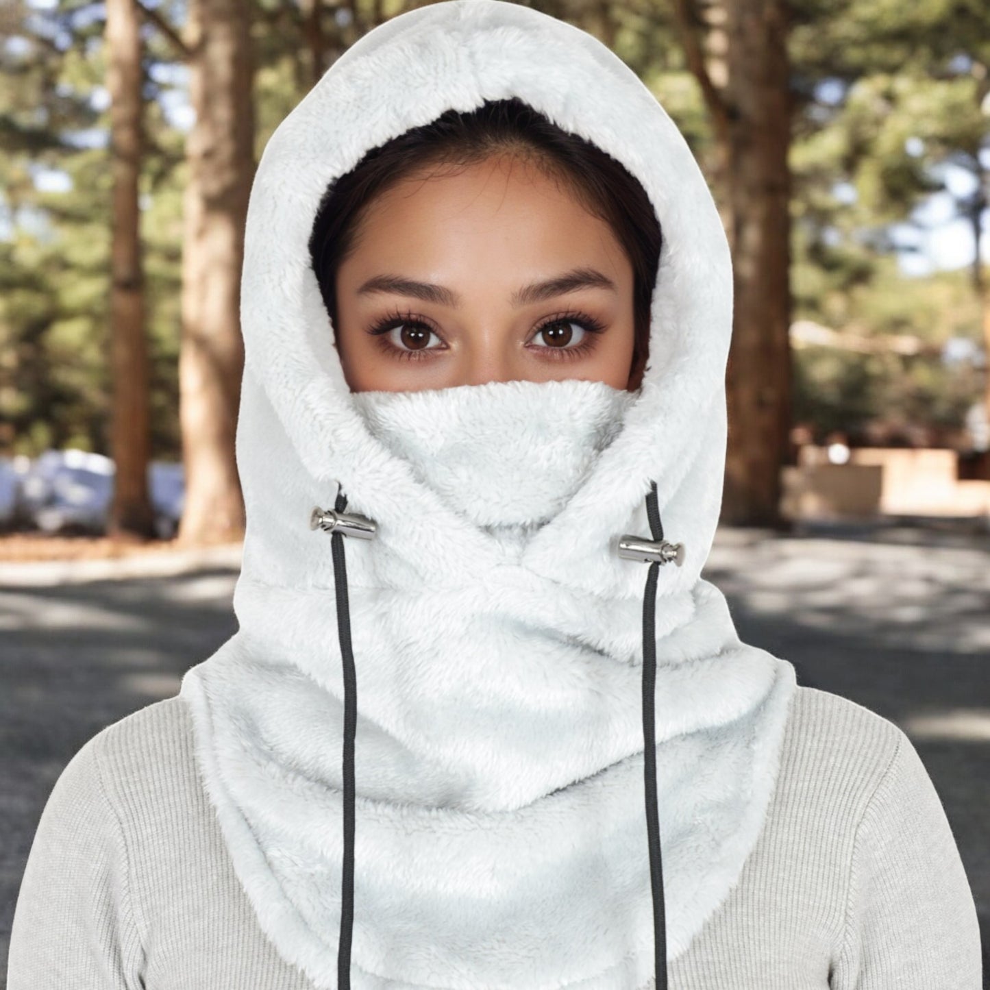 Anna-Kaci Women's Faux Shearling Hooded Scarf with Adjustable Drawstrings and Extended Neck Coverage