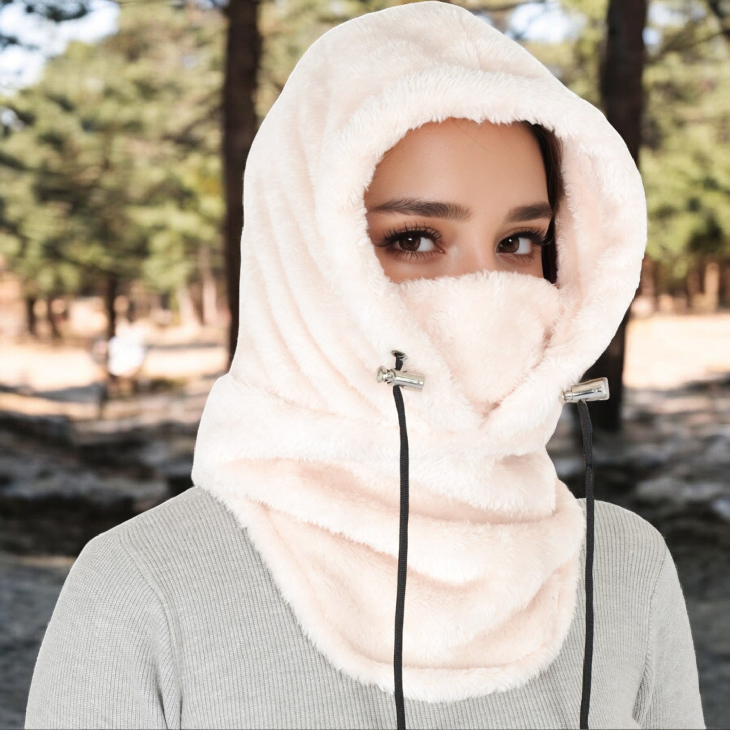 Anna-Kaci Women's Faux Shearling Hooded Scarf with Adjustable Drawstrings and Extended Neck Coverage