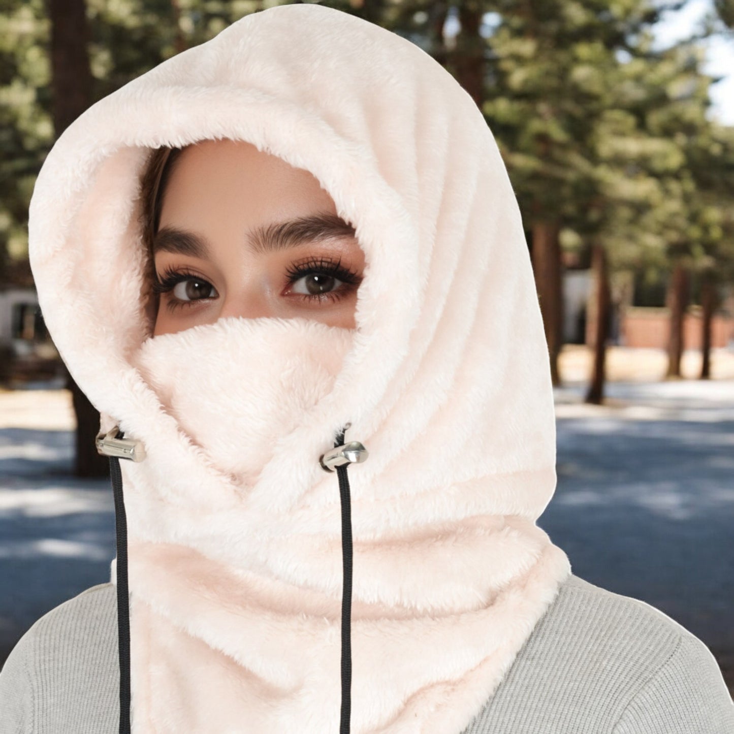 Anna-Kaci Women's Faux Shearling Hooded Scarf with Adjustable Drawstrings and Extended Neck Coverage