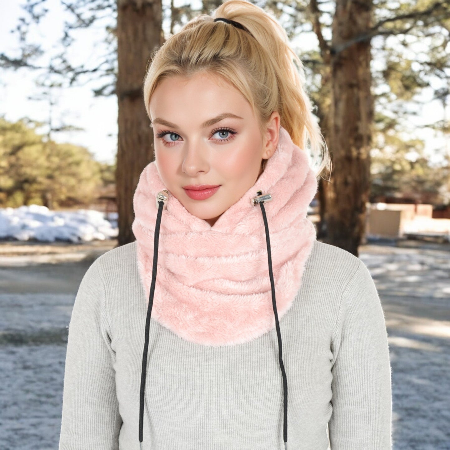 Anna-Kaci Women's Faux Shearling Hooded Scarf with Adjustable Drawstrings and Extended Neck Coverage