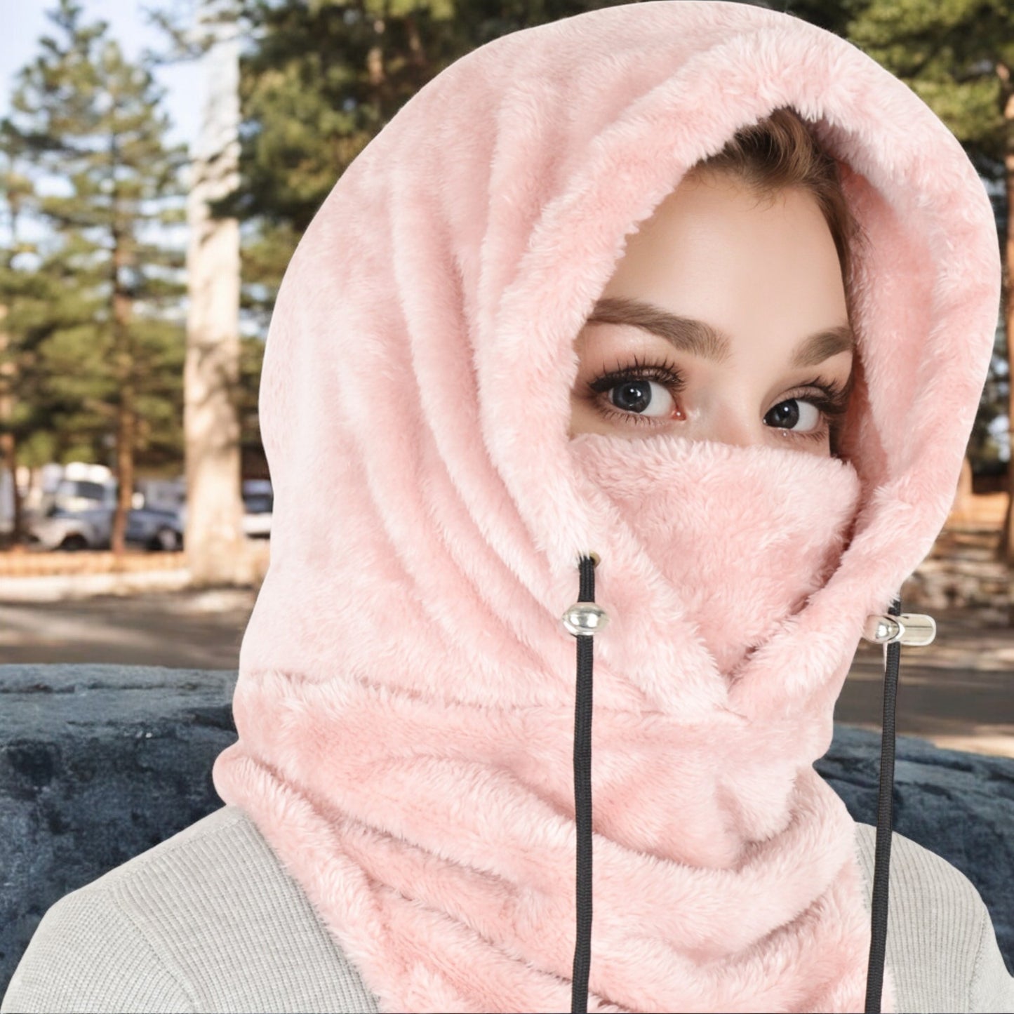 Anna-Kaci Women's Faux Shearling Hooded Scarf with Adjustable Drawstrings and Extended Neck Coverage