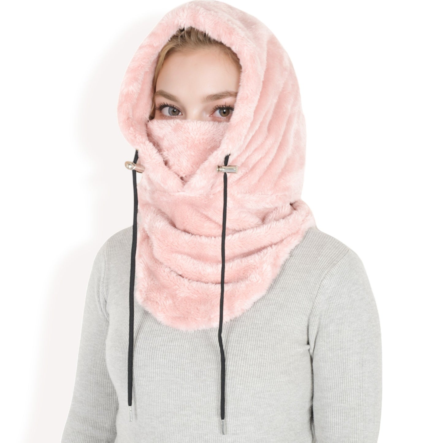 Anna-Kaci Women's Faux Shearling Hooded Scarf with Adjustable Drawstrings and Extended Neck Coverage