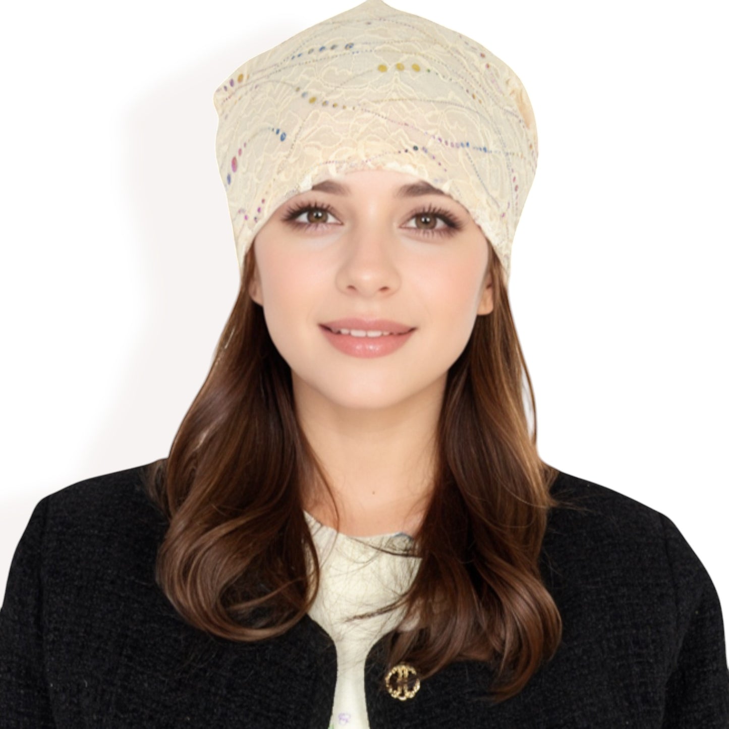 Anna-Kaci Women's Lace Slouchy Beanie with Floral Pattern and Sparkling Rhinestone Details