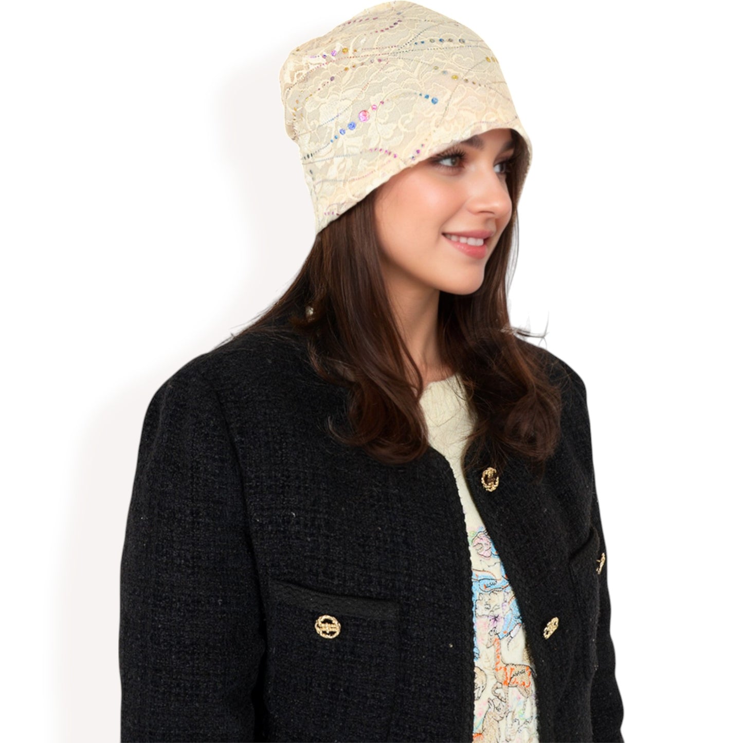 Anna-Kaci Women's Lace Slouchy Beanie with Floral Pattern and Sparkling Rhinestone Details