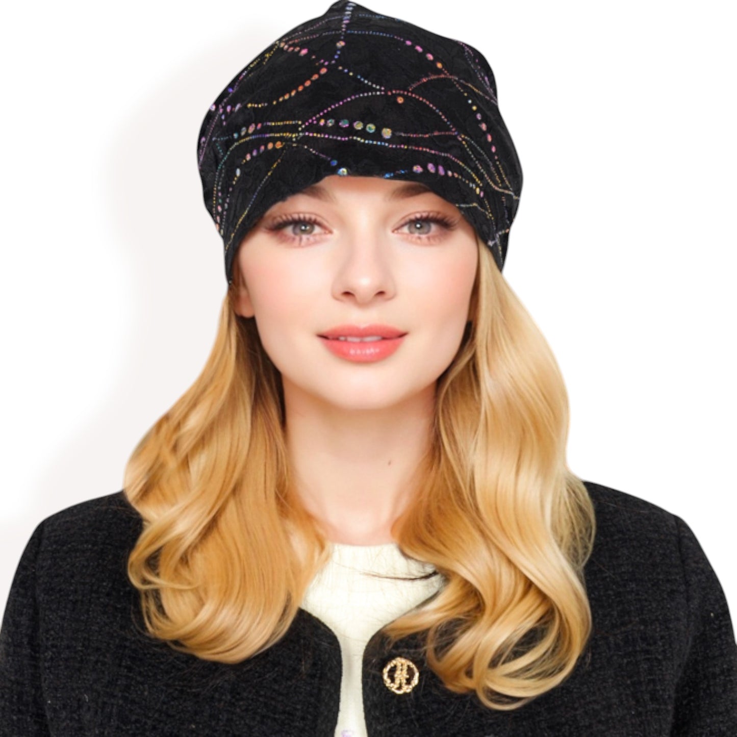 Anna-Kaci Women's Lace Slouchy Beanie with Floral Pattern and Sparkling Rhinestone Details