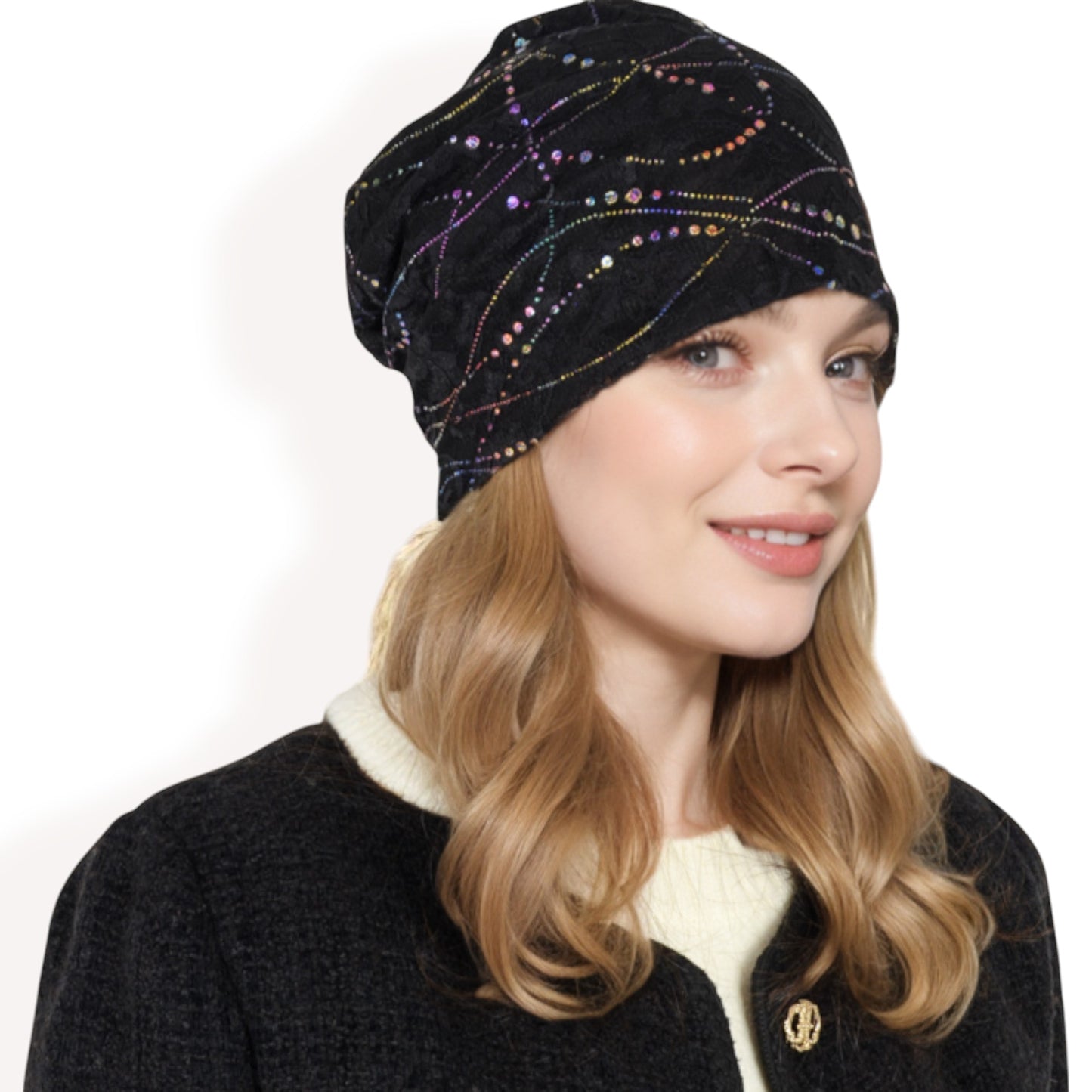 Anna-Kaci Women's Lace Slouchy Beanie with Floral Pattern and Sparkling Rhinestone Details