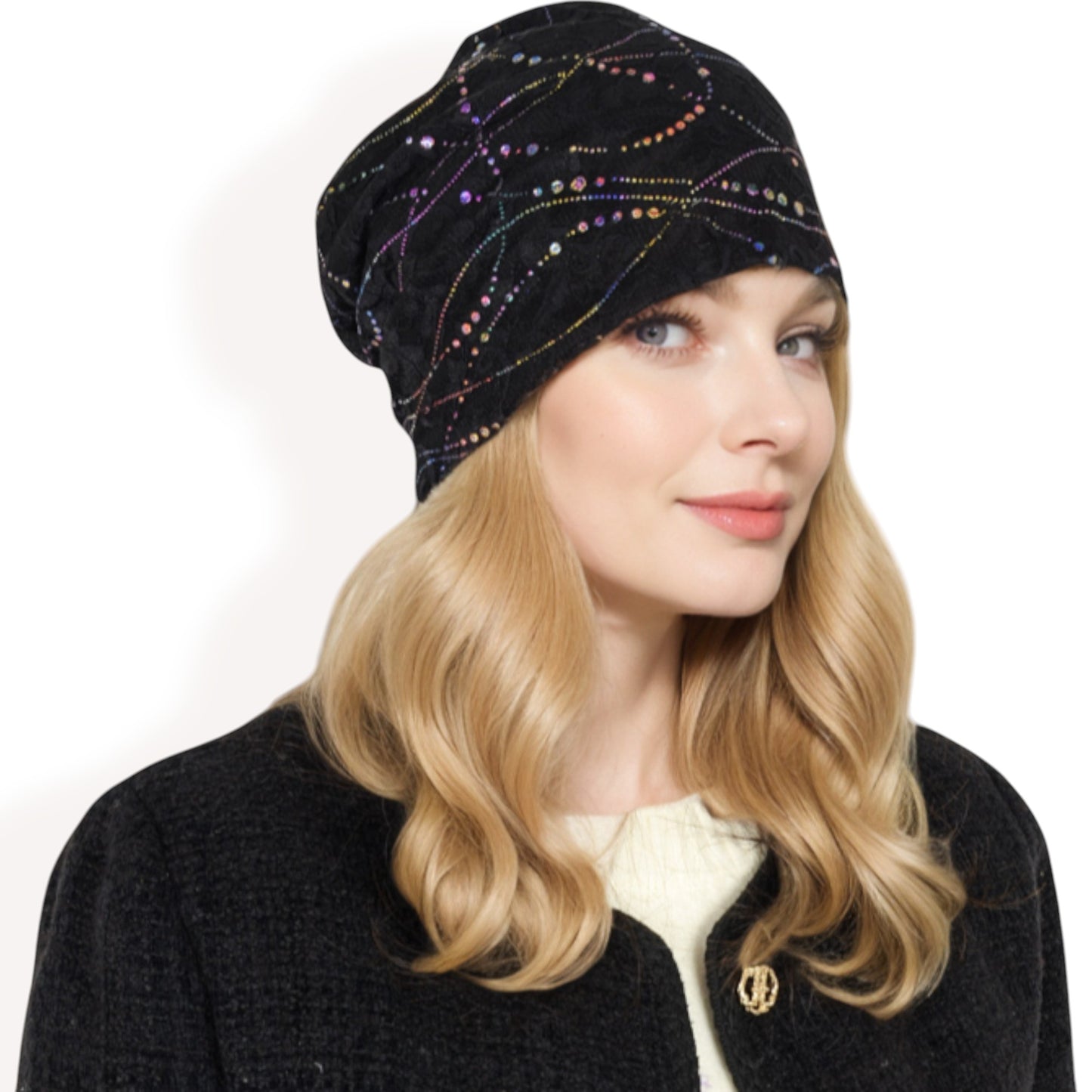 Anna-Kaci Women's Lace Slouchy Beanie with Floral Pattern and Sparkling Rhinestone Details