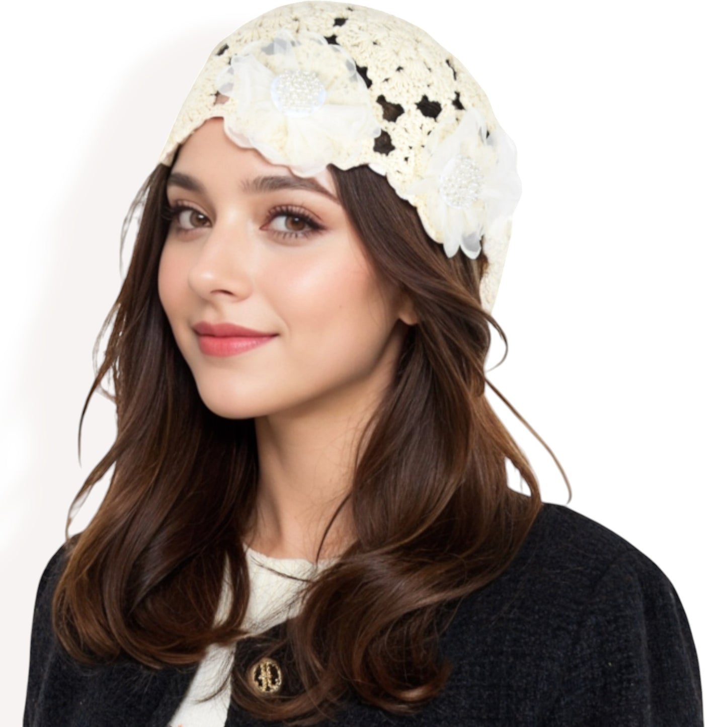 Anna-Kaci Women's Handmade Crochet Lace Cap with Floral Appliques and Elegant Vintage-Inspired Design