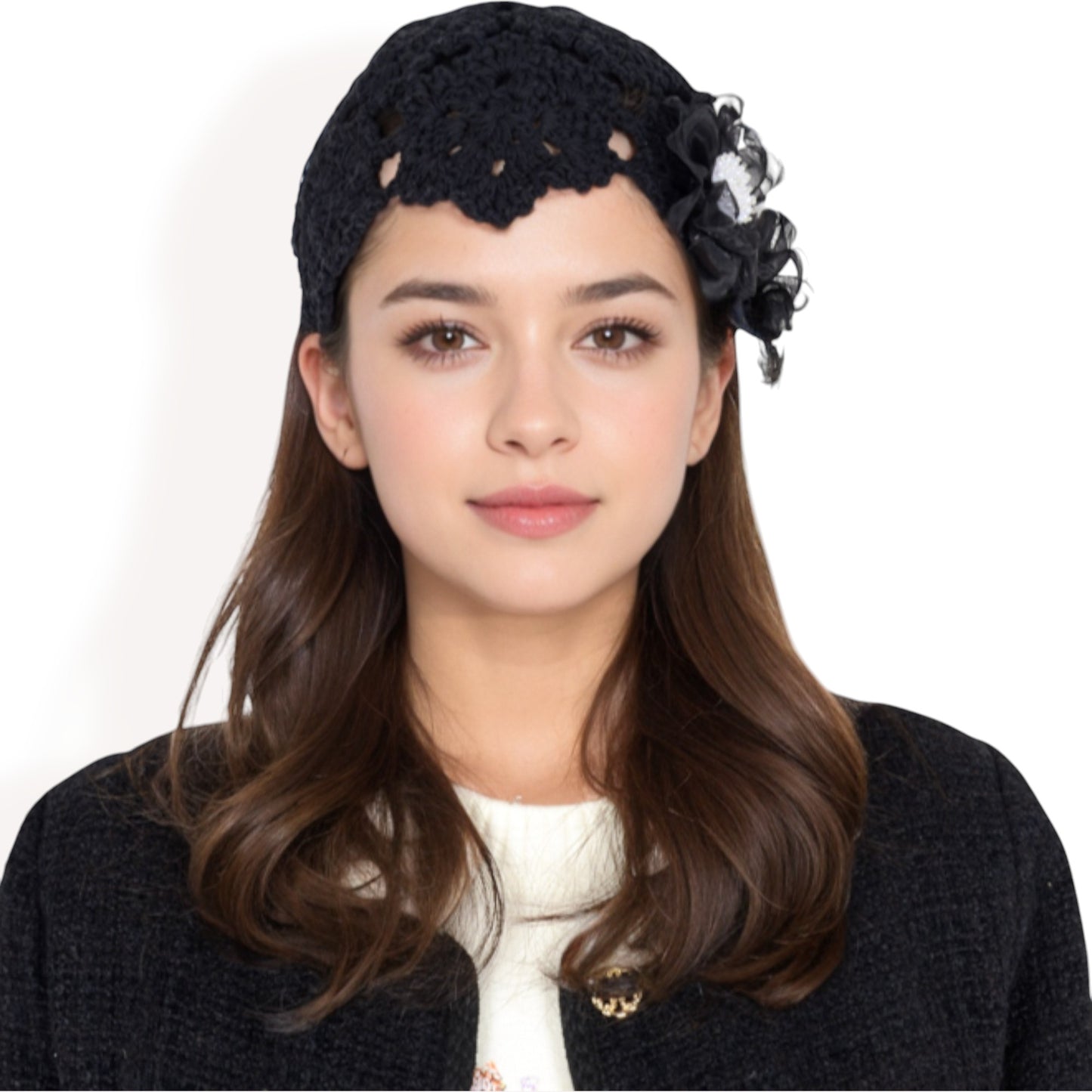 Anna-Kaci Women's Handmade Crochet Lace Cap with Floral Appliques and Elegant Vintage-Inspired Design