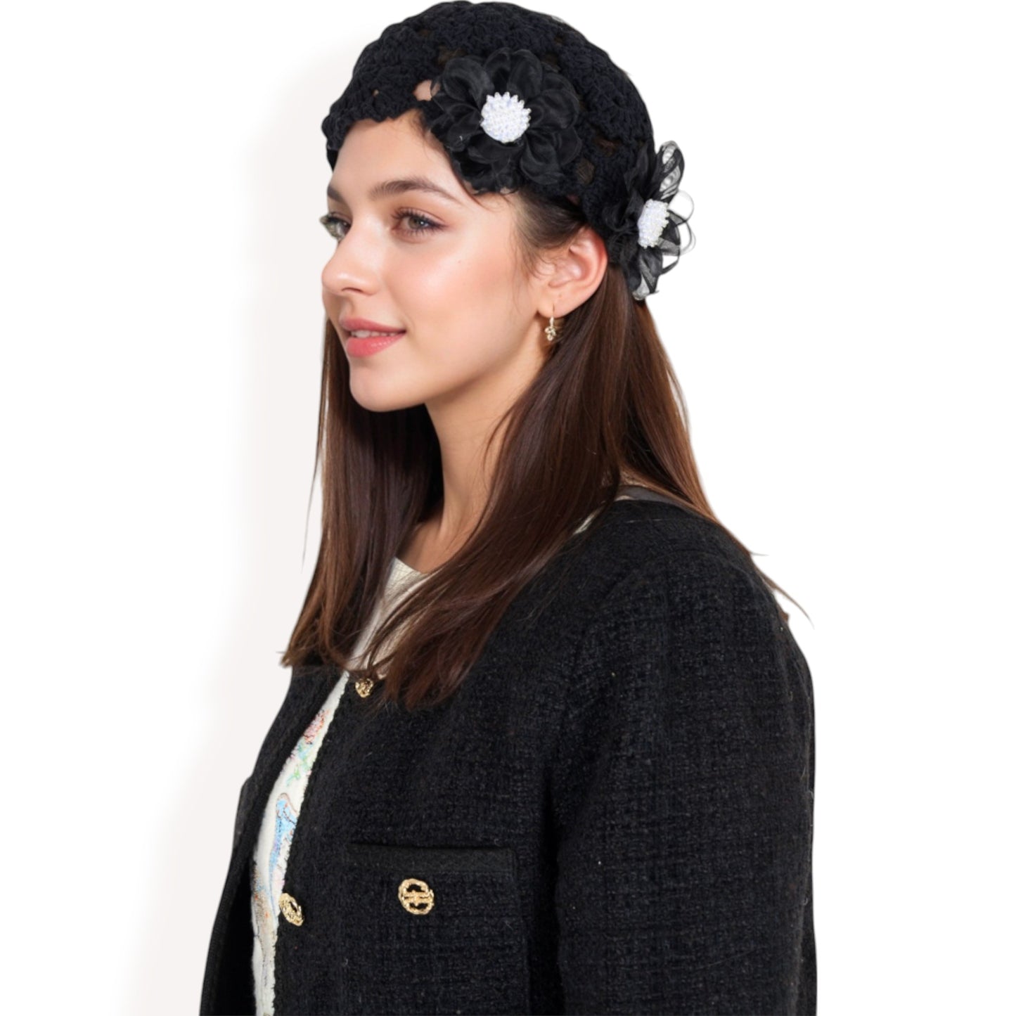 Anna-Kaci Women's Handmade Crochet Lace Cap with Floral Appliques and Elegant Vintage-Inspired Design
