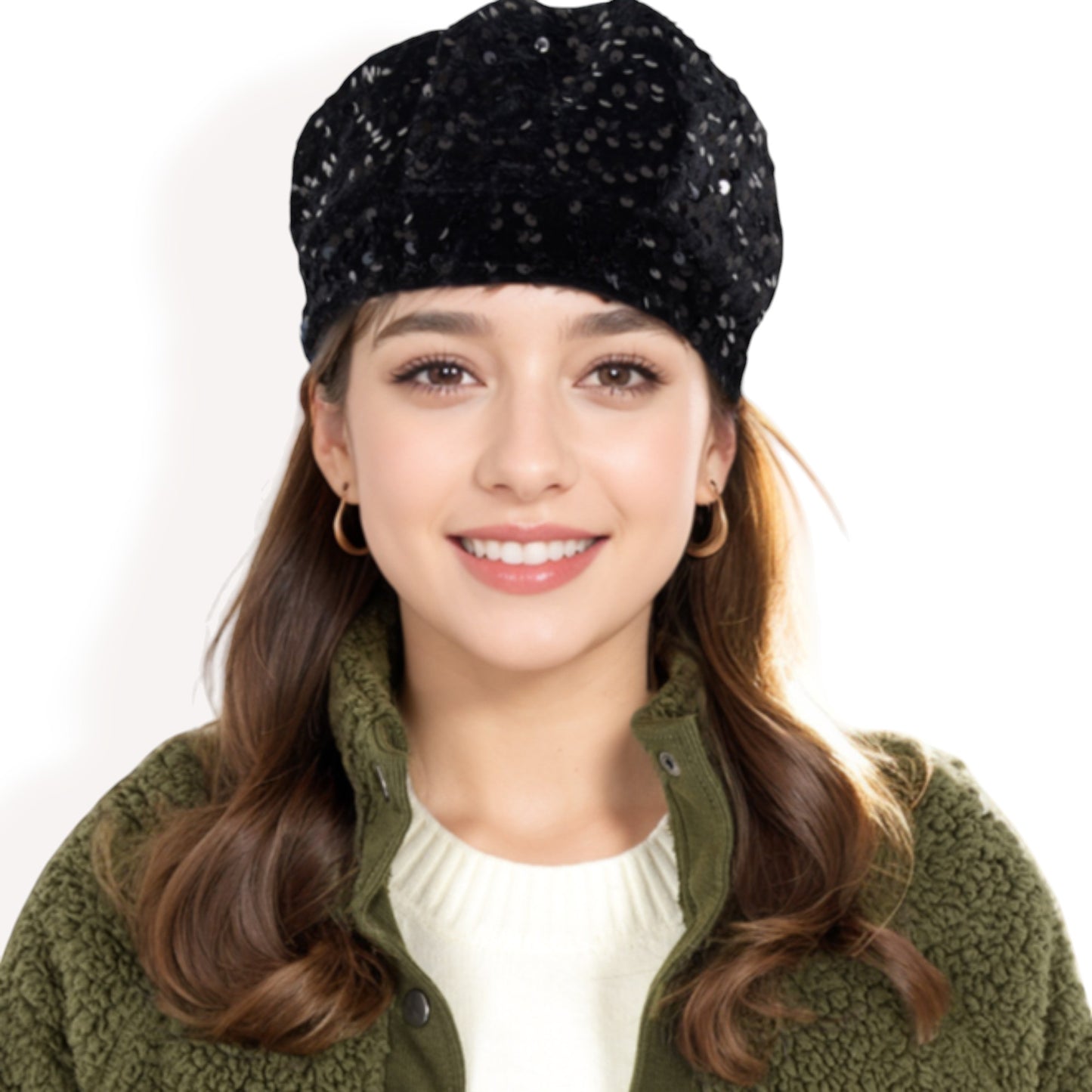 Anna-Kaci Women's Sequin Velvet Beret with Sparkling Embellishments and Comfortable Satin-Lined Interior