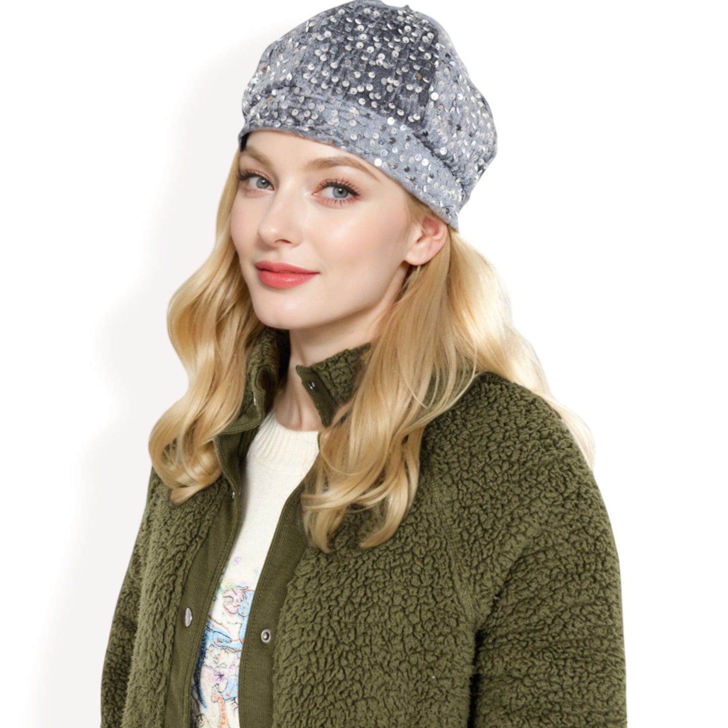 Anna-Kaci Women's Sequin Velvet Beret with Sparkling Embellishments and Comfortable Satin-Lined Interior