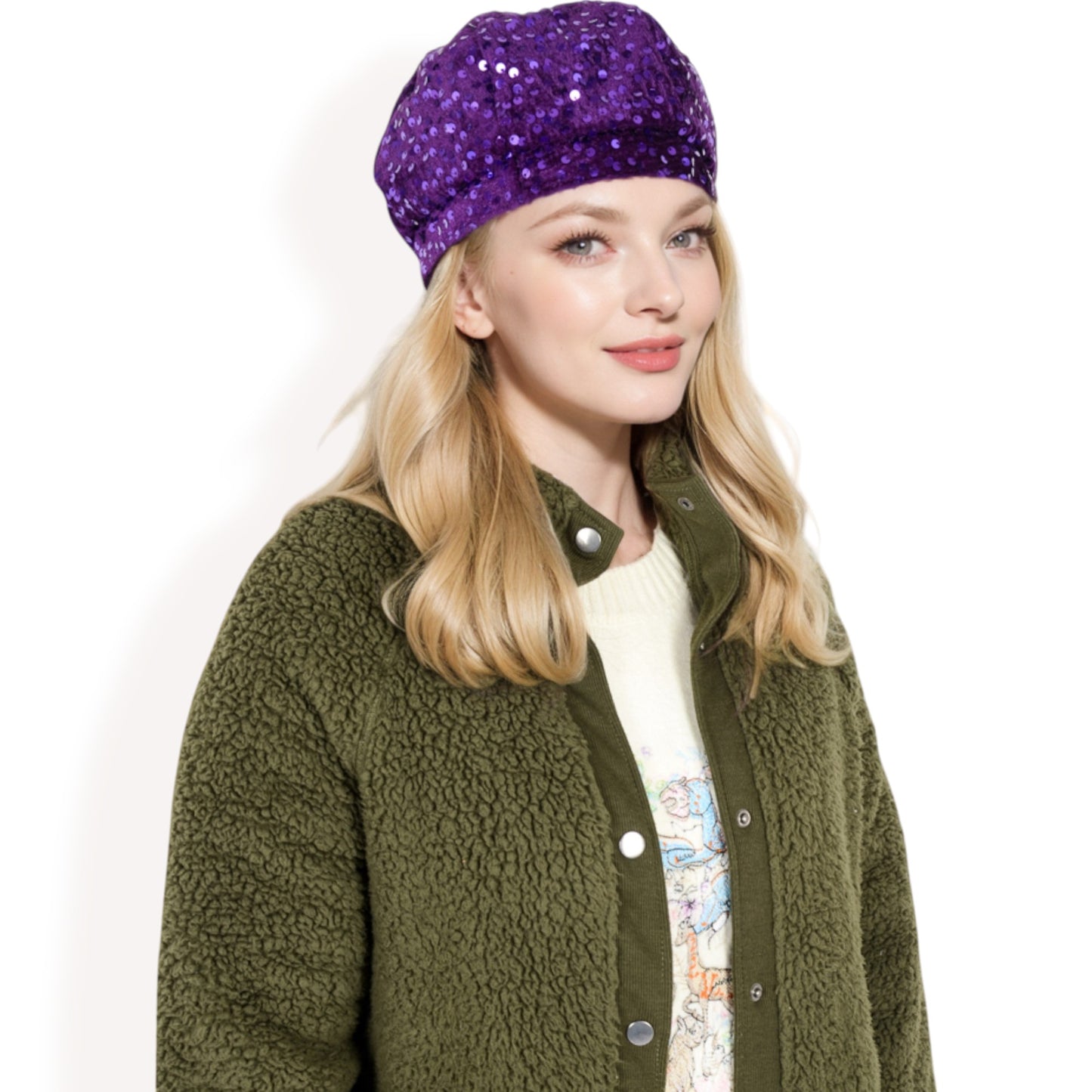Anna-Kaci Women's Sequin Velvet Beret with Sparkling Embellishments and Comfortable Satin-Lined Interior