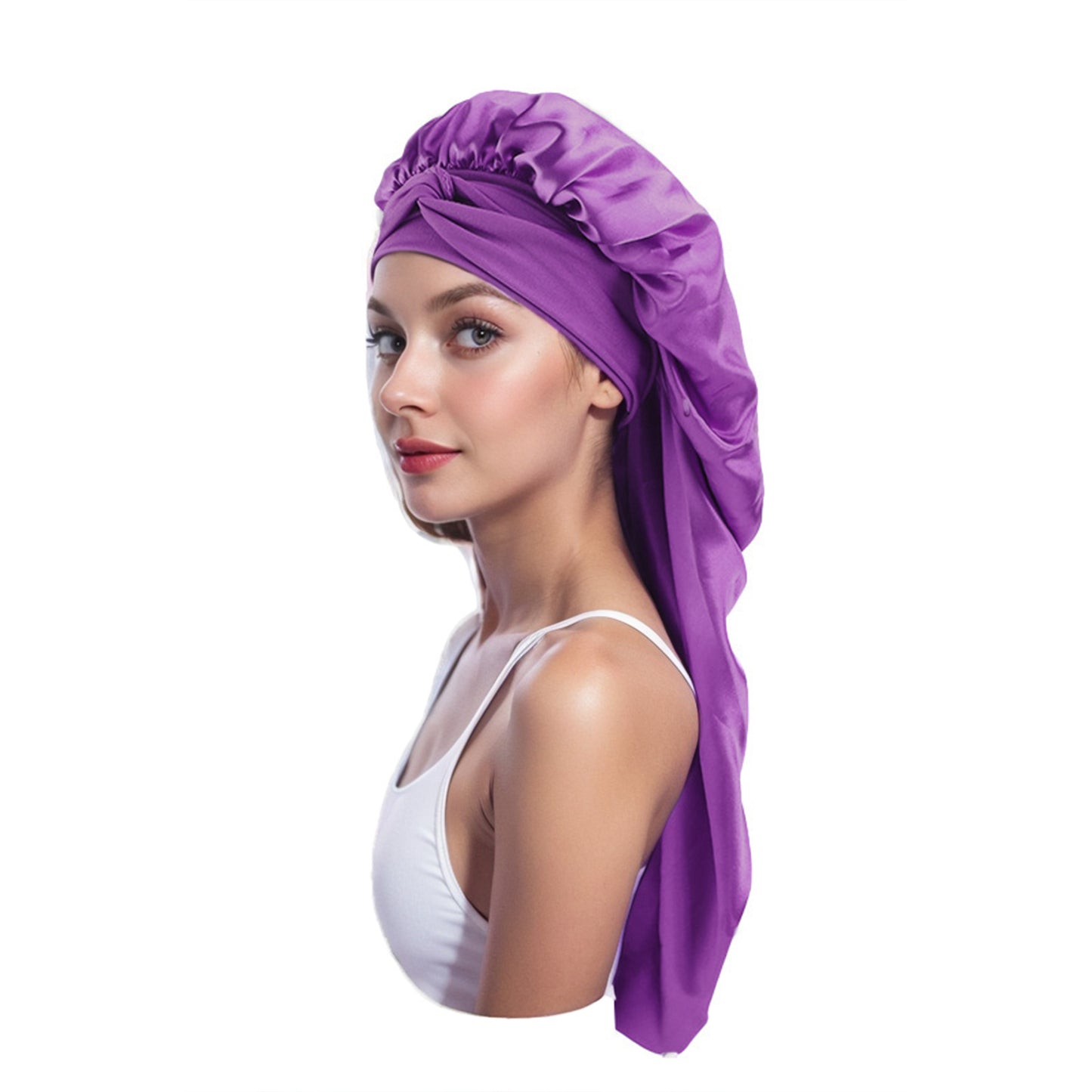 Anna-Kaci Satin Long Bonnet Sleep Cap with Stretch Turban Band for Hair Protection and Moisture Retention