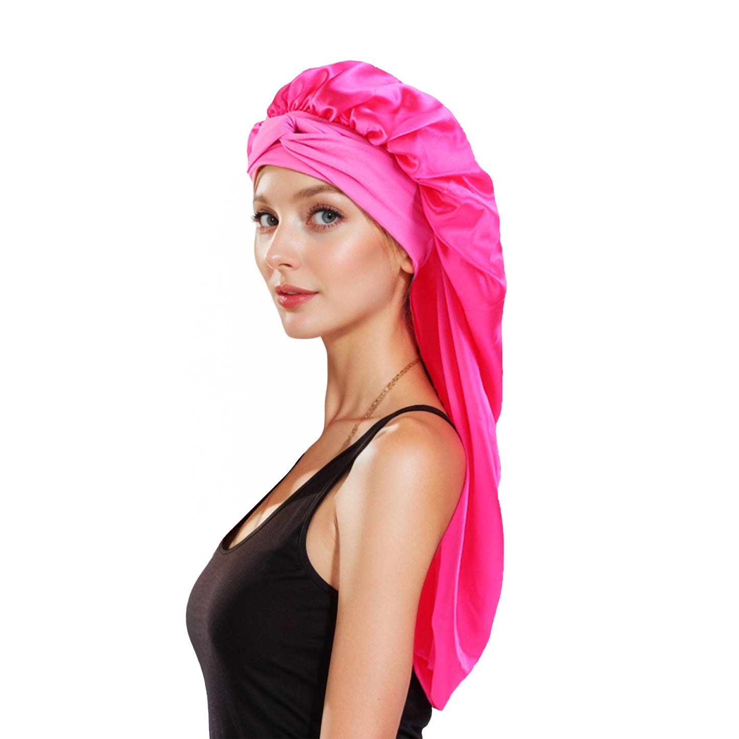 Anna-Kaci Satin Long Bonnet Sleep Cap with Stretch Turban Band for Hair Protection and Moisture Retention