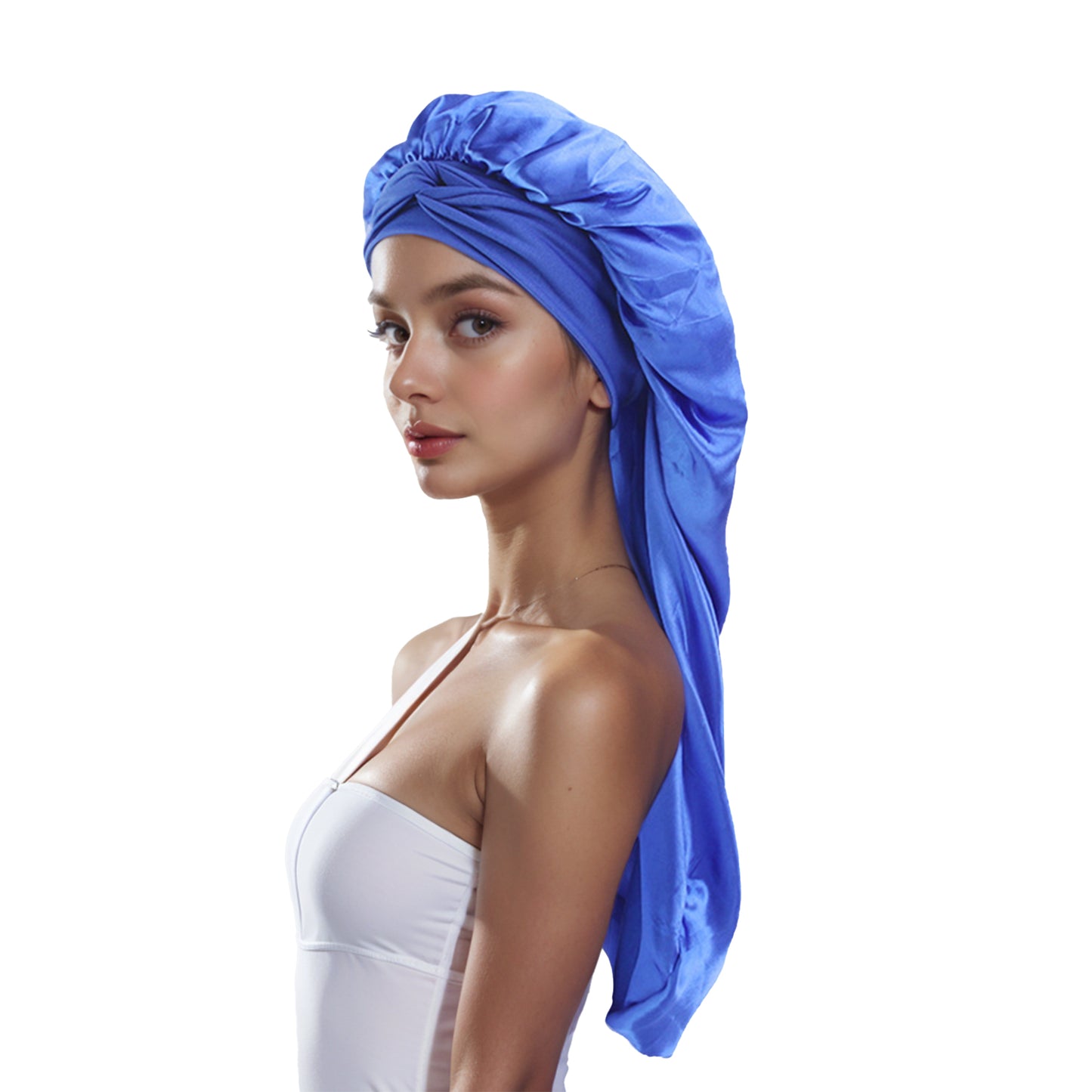 Anna-Kaci Satin Long Bonnet Sleep Cap with Stretch Turban Band for Hair Protection and Moisture Retention
