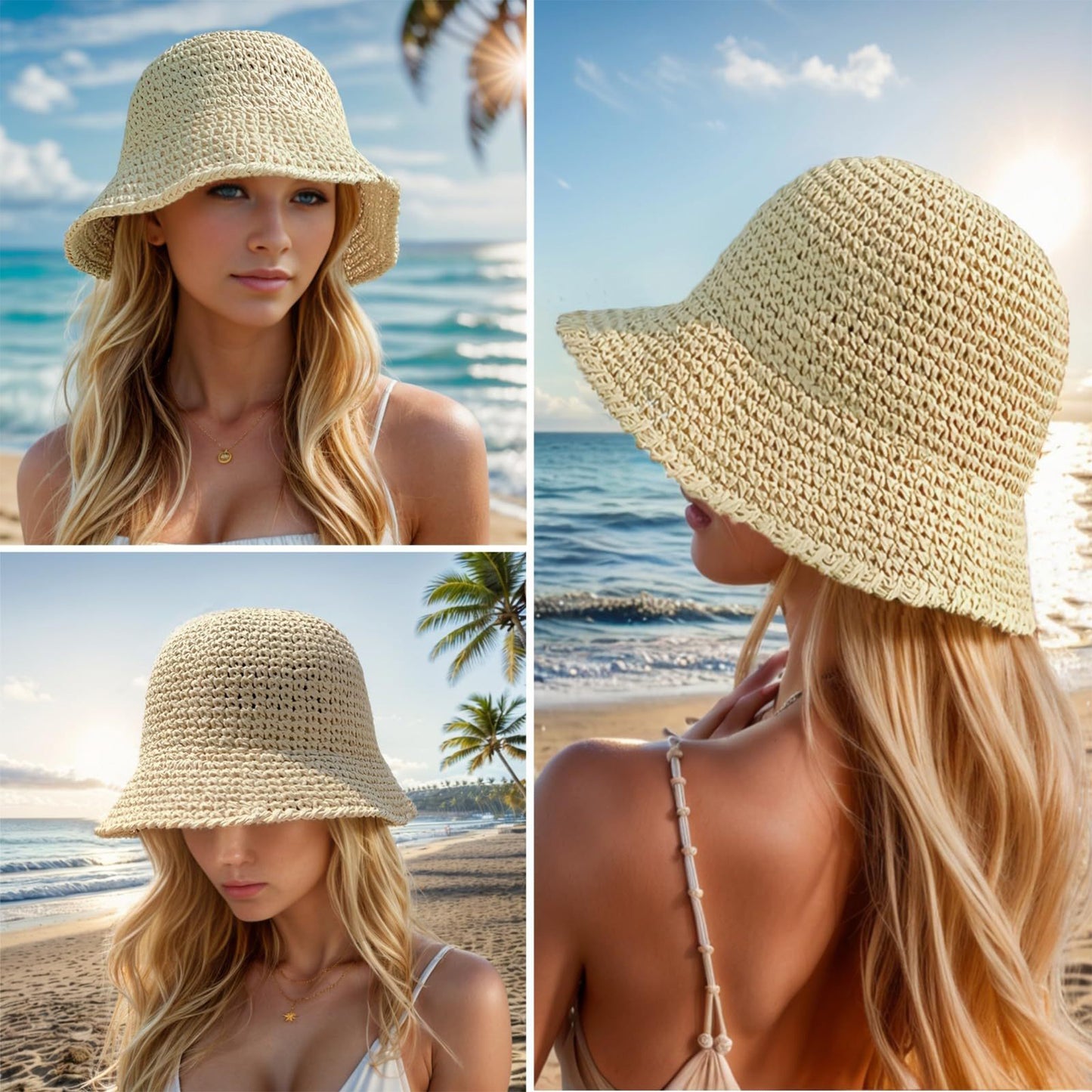 Anna-Kaci Crochet Raffia Bucket Hat Lightweight Foldable Wide Brim Sun Hat for Stylish Summer Protection