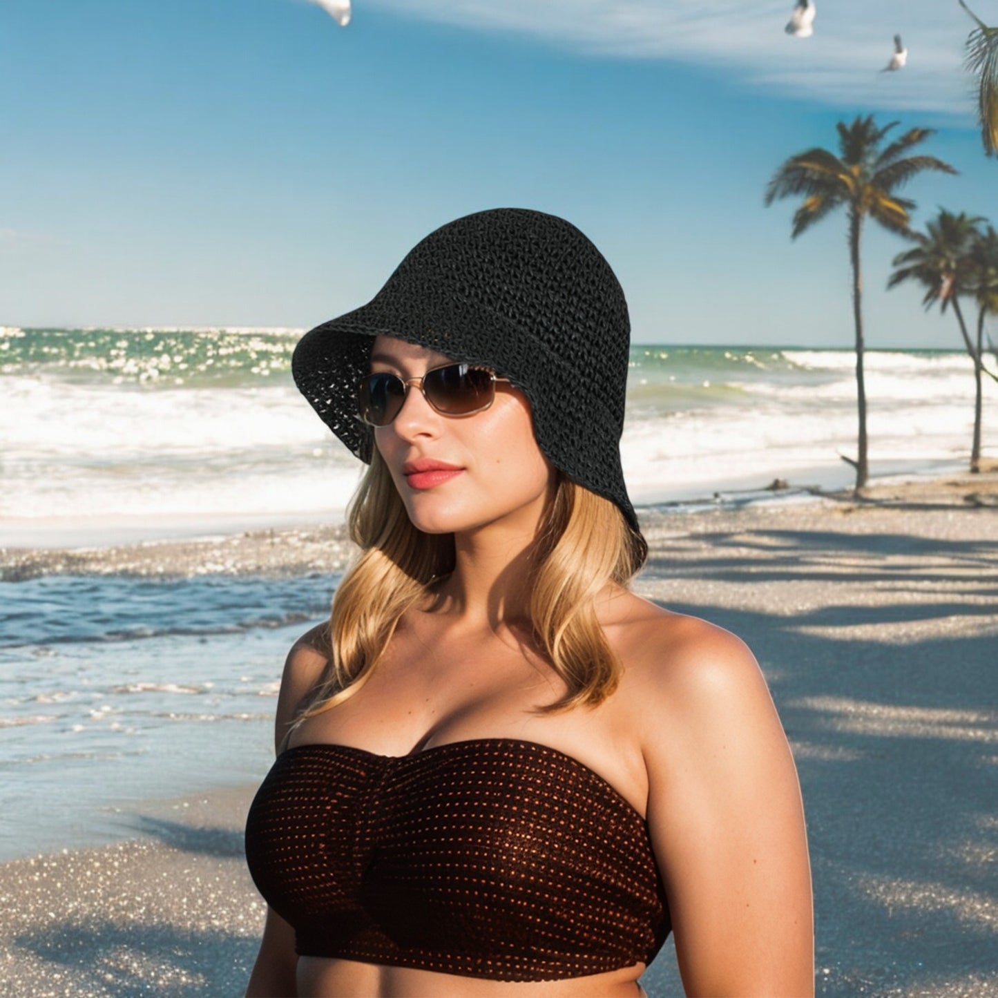Anna-Kaci Crochet Raffia Bucket Hat Lightweight Foldable Wide Brim Sun Hat for Stylish Summer Protection