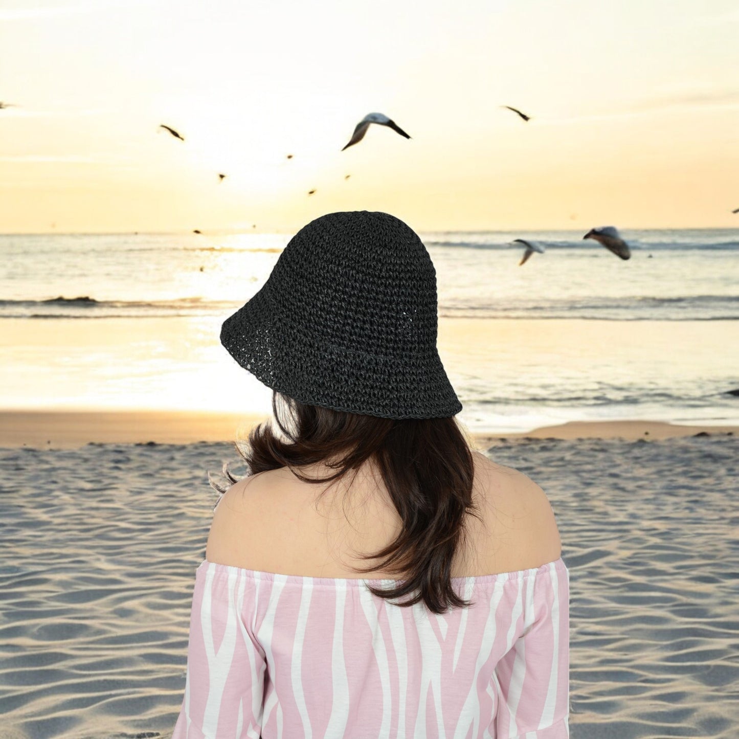 Anna-Kaci Crochet Raffia Bucket Hat Lightweight Foldable Wide Brim Sun Hat for Stylish Summer Protection