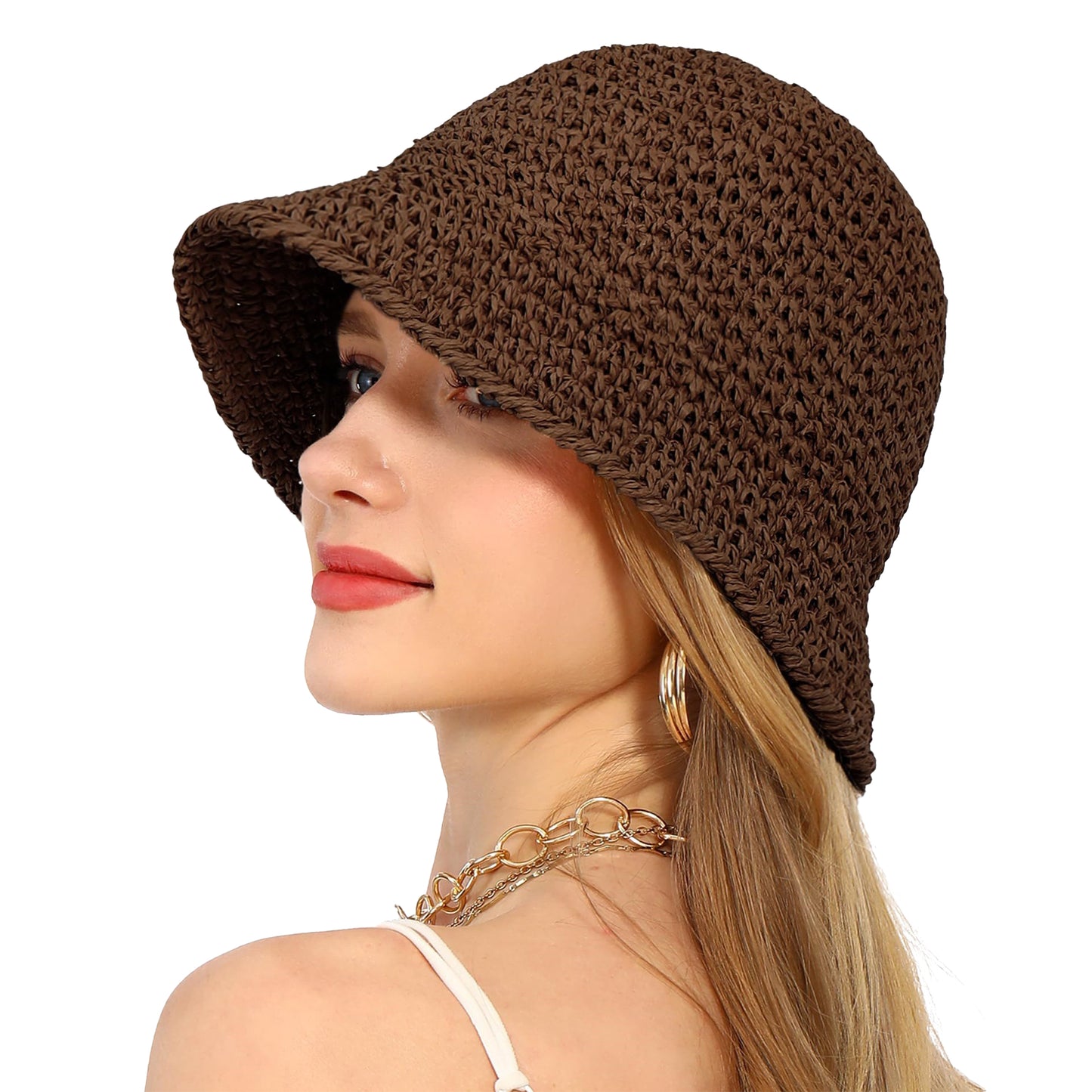 Anna-Kaci Crochet Raffia Bucket Hat Lightweight Foldable Wide Brim Sun Hat for Stylish Summer Protection
