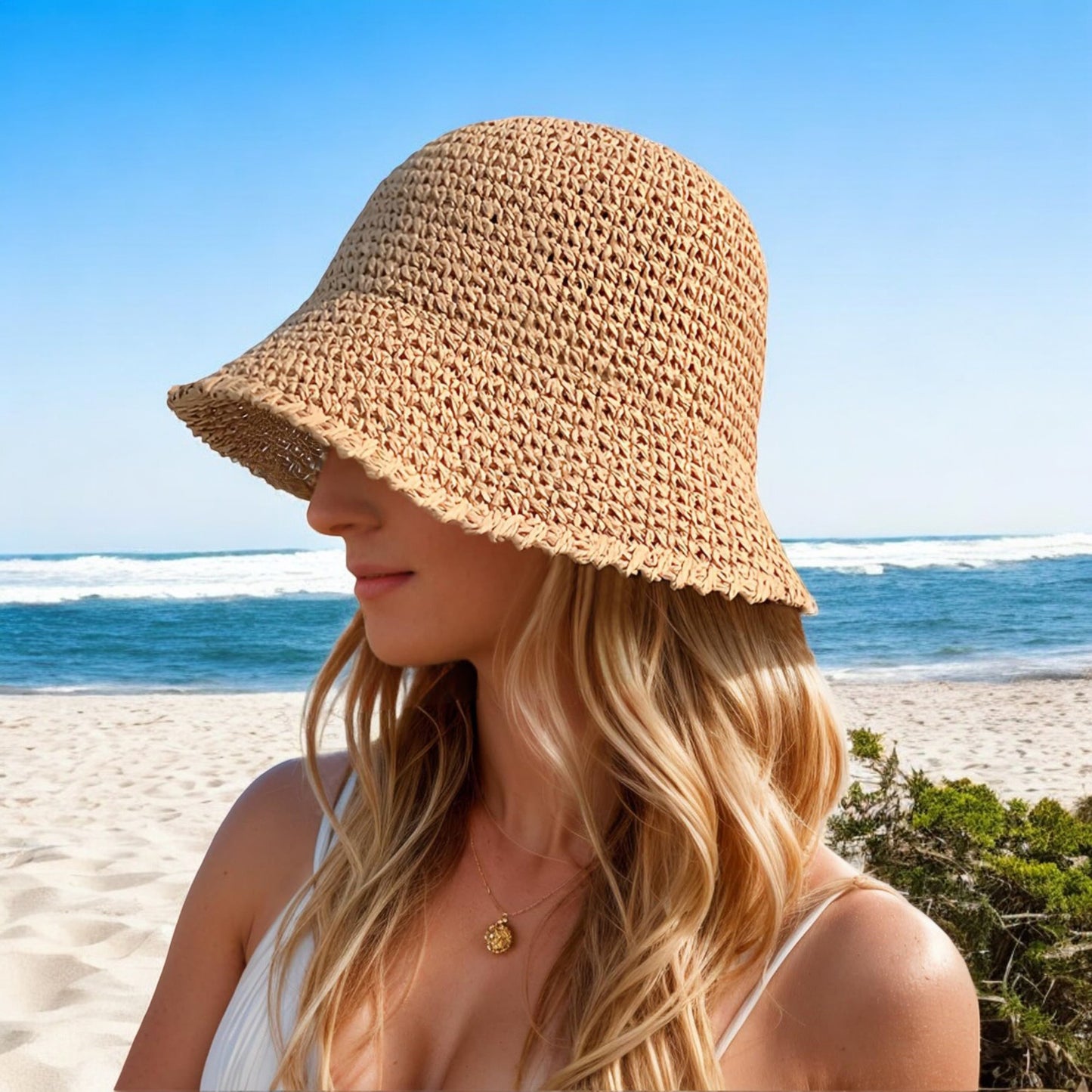 Anna-Kaci Crochet Raffia Bucket Hat Lightweight Foldable Wide Brim Sun Hat for Stylish Summer Protection