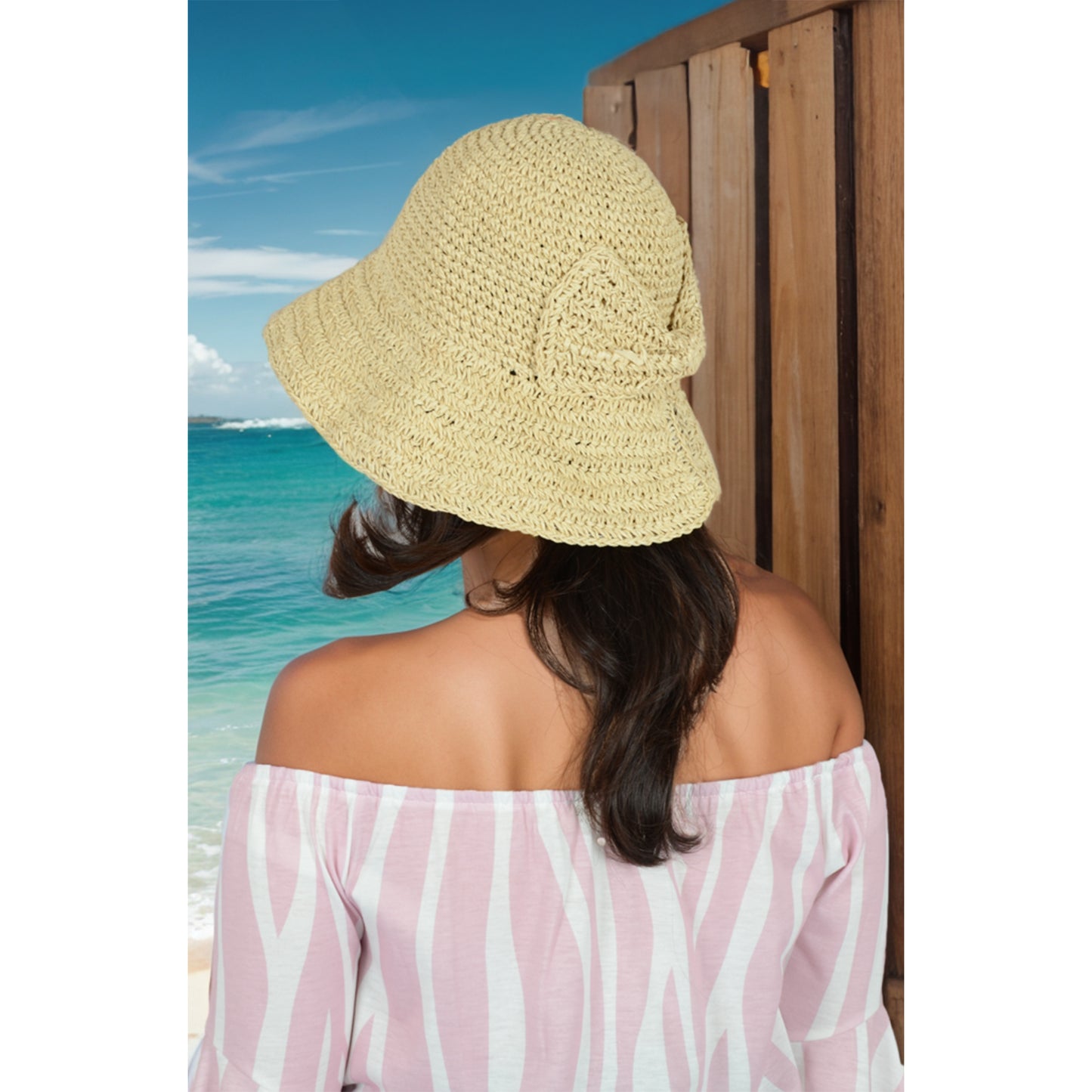 Anna-Kaci Crochet Raffia Sun Hat with Wide Brim and Bow Detail Foldable Summer Beach Hat for Stylish Sun Protection