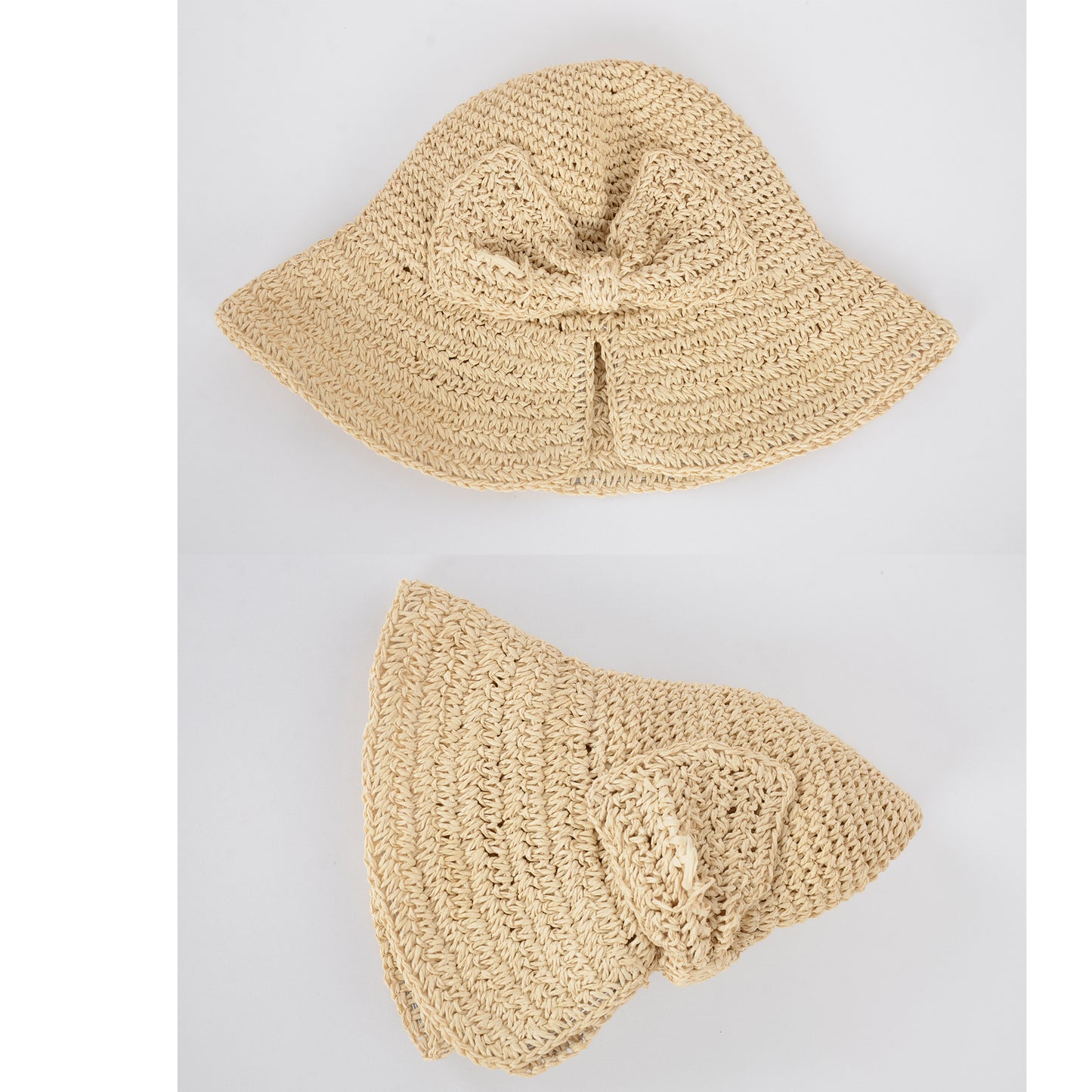 Anna-Kaci Crochet Raffia Sun Hat with Wide Brim and Bow Detail Foldable Summer Beach Hat for Stylish Sun Protection