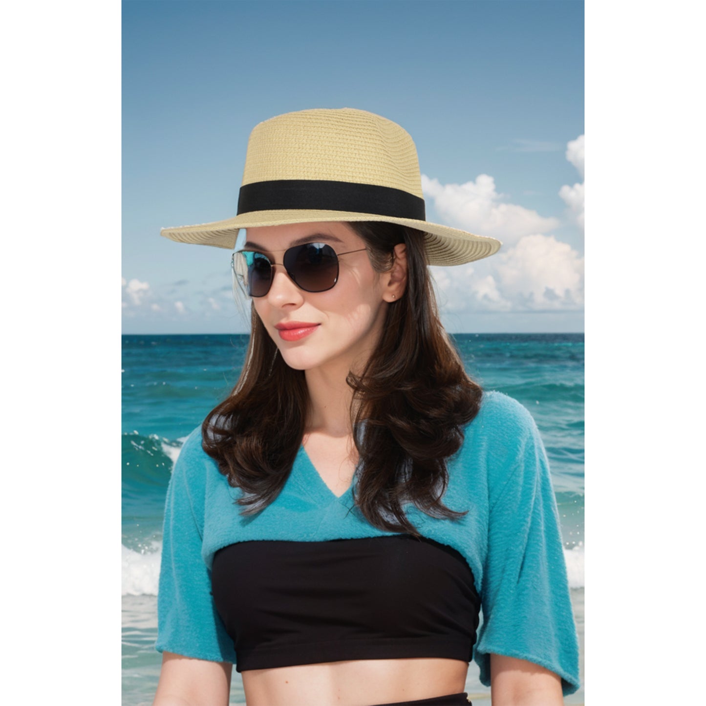 Anna-Kaci Wide Brim Straw Fedora Sun Hat with Black Band Lightweight Packable Summer Panama Hat for UV Protection