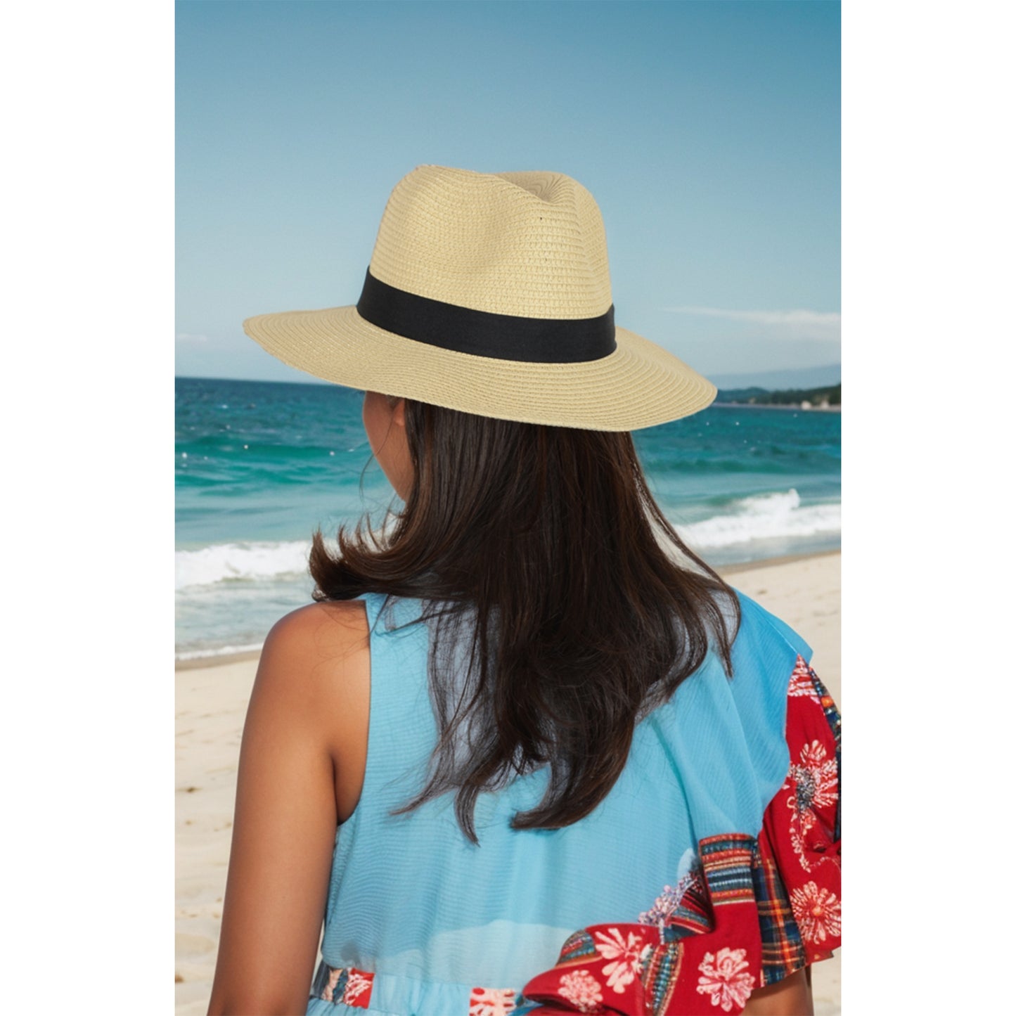 Anna-Kaci Wide Brim Straw Fedora Sun Hat with Black Band Lightweight Packable Summer Panama Hat for UV Protection